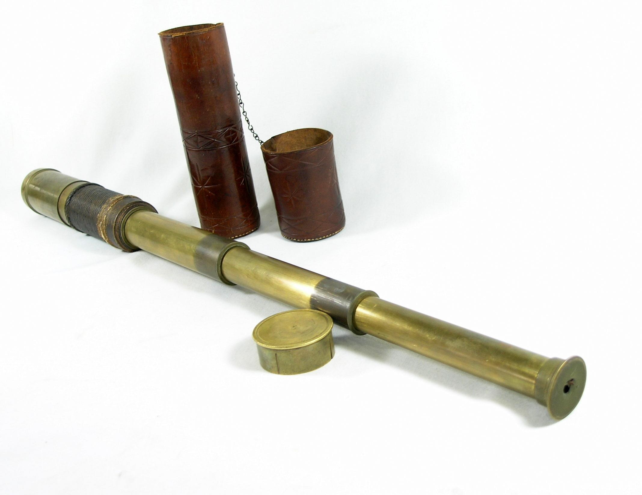 Vintage Brass & Leather Naughtical Spy Scope with Leather Case. 8-1/8" in c