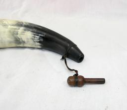 Vintage Black Powder Horn Hand Made With Woooden Stopper Attached With Leat
