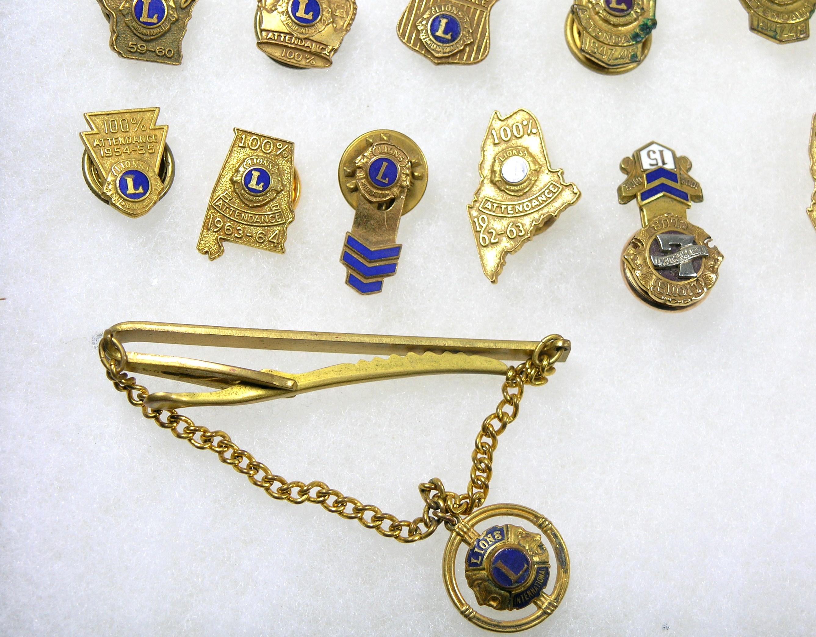 1940s, 1950s, 1960s Lions Club Attendance Pins And Tie Clips Thirty Six Ass