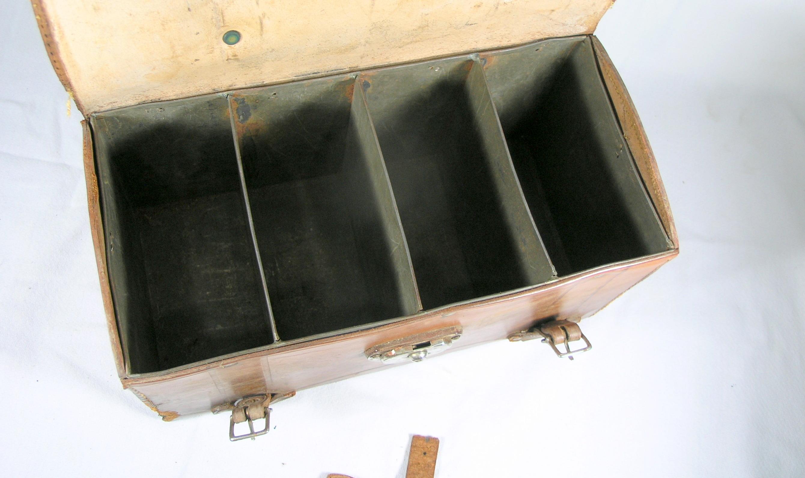 Vintage Leather Bound Tin Range Bag Ammo Box with 4 Compartments Inside For