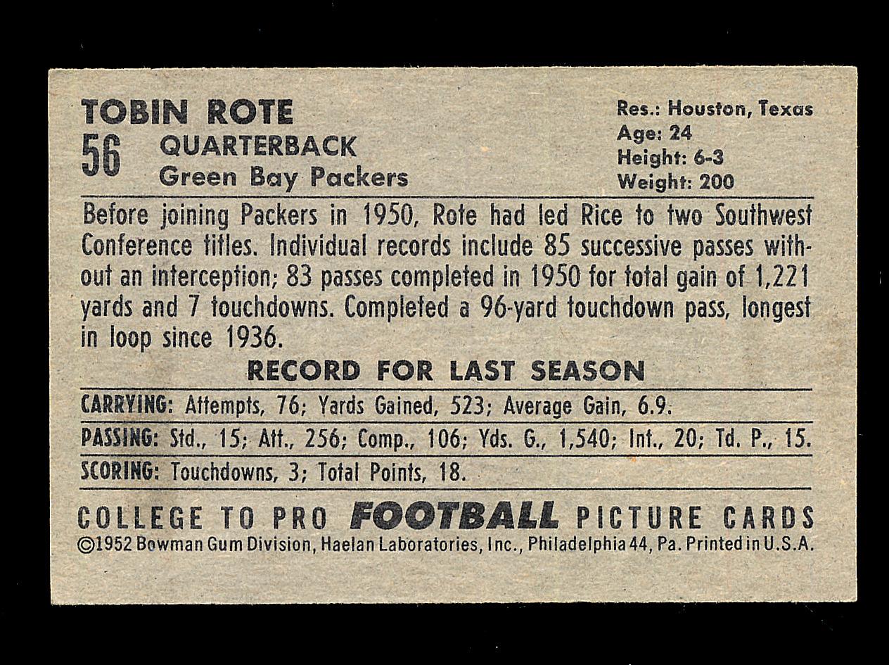 1952 Bowman Large Football Card #56 Tobin Rote Green Bay Packers. EX Condit