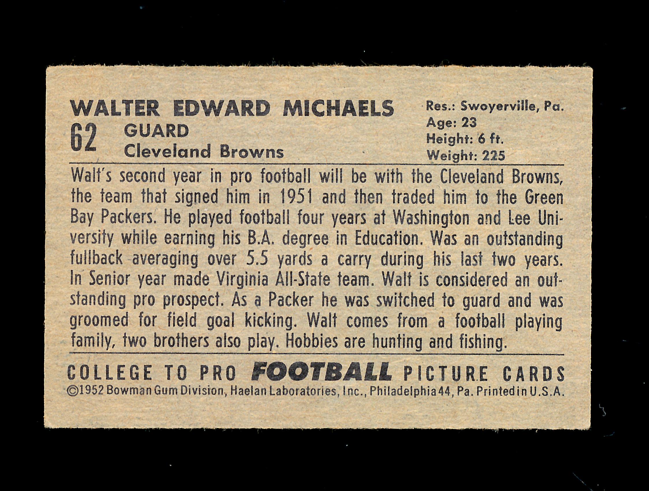 1952 Bowman Small Football Card #62 Walt er Michaels Cleveland Bowns. EX Co