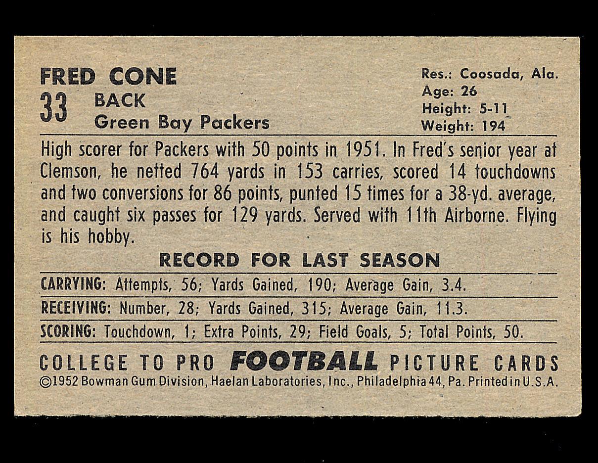1952 Bowman Large Football Card #33 Fred Cone Green Bay Packers. VG-EX Cond
