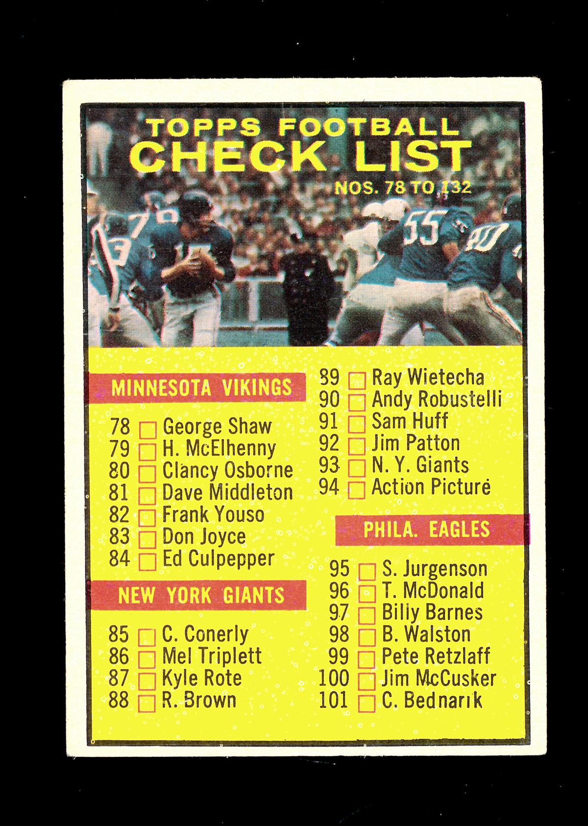 1961 Topps Football Card #122 Checklist 78-132. Unchecked VG-EX Condition