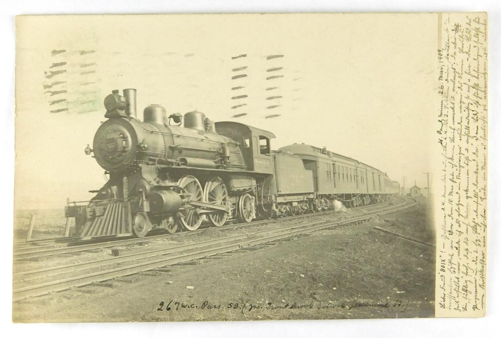 19.  RPPC:  1909 Wisconsin Central 267 Passenger Engine Whips past Trout Br