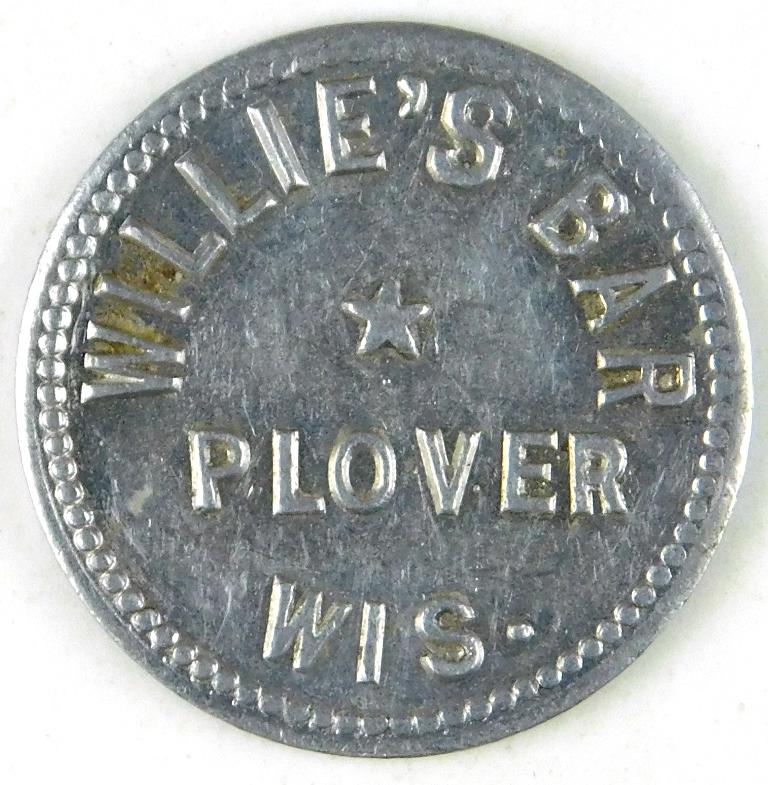 54.  Wisconsin Aluminum Trade Token:  Willie’s Bar Plover Wis. – Good For 1