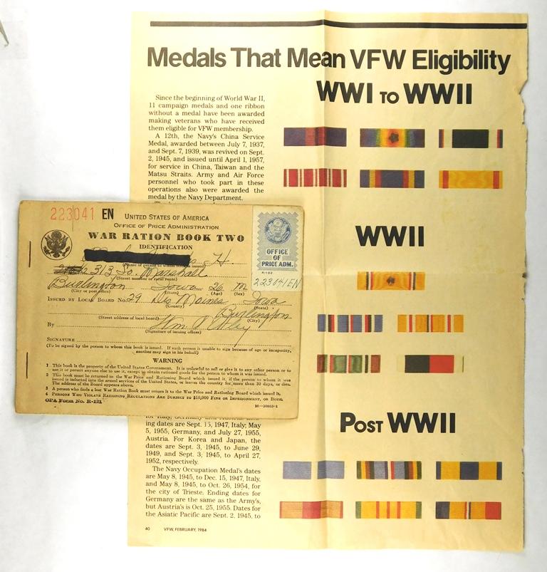 78.  WW II Grouping including:  Ration Book Cover, only; Medal Ribbon Badge