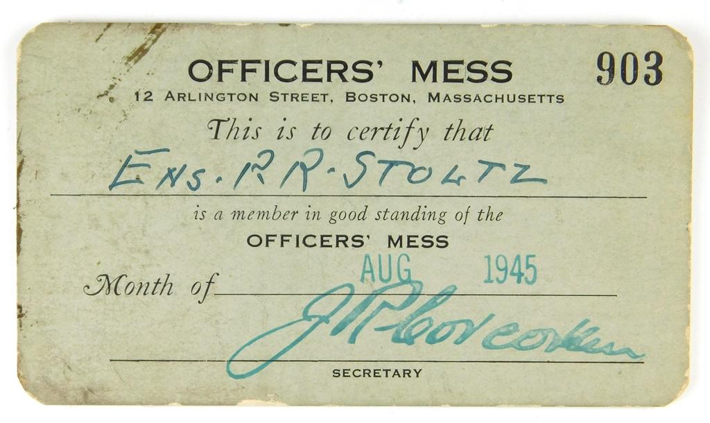 79.  1945 Officers Mess Card for Ens. R. R. Stoltz for the Month of August