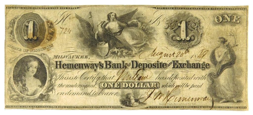 580.  United States (WI) 1849 $1 Obsolete Bank Note for Hemenway’s Bank of