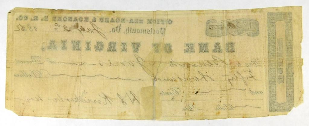 582.  United States (VA) 1862 Bank of Virginia Check to Bennett Jones in th