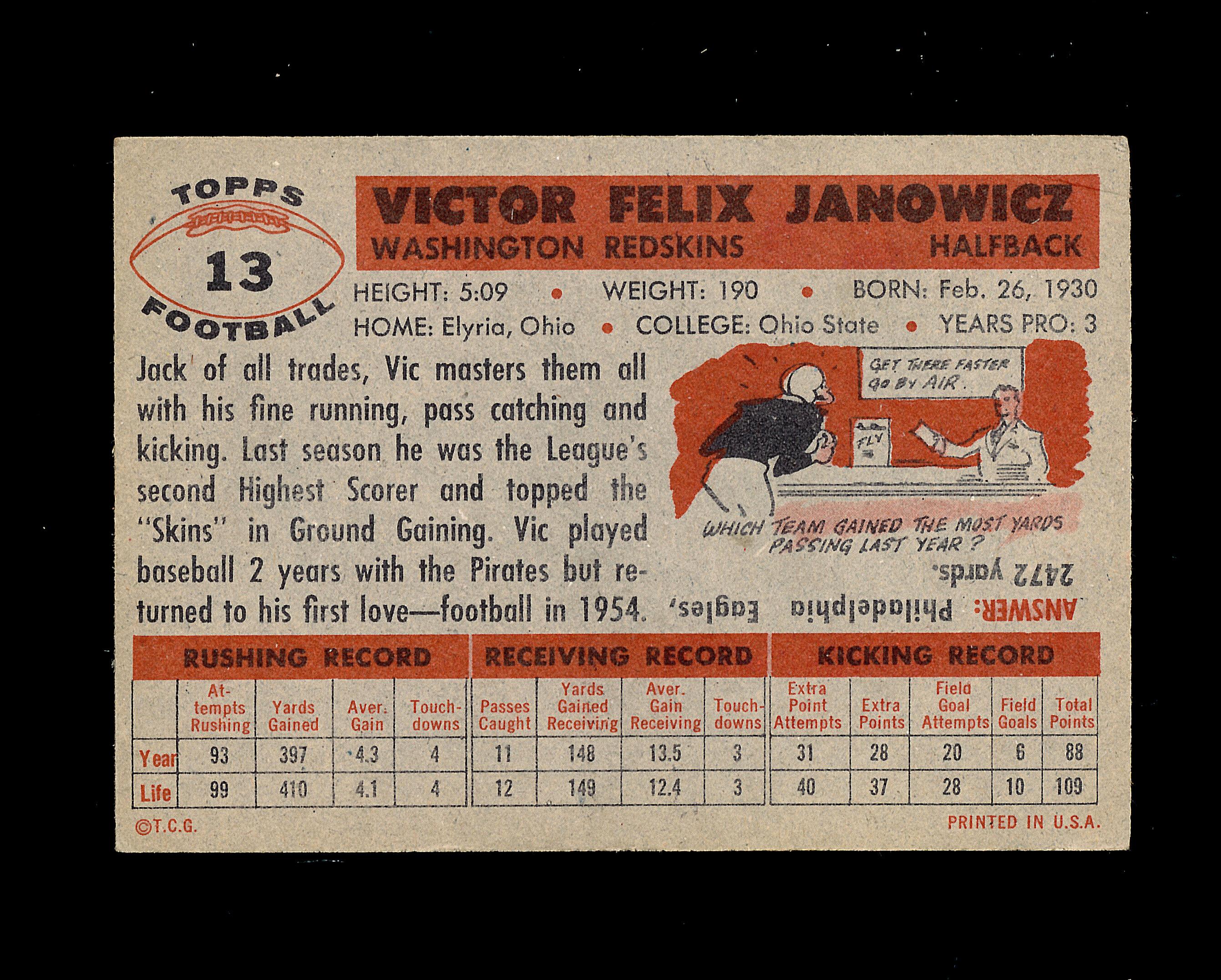 1956 Topps Football Card #13 Vic Janowicz Washington Redskins. EX Condition