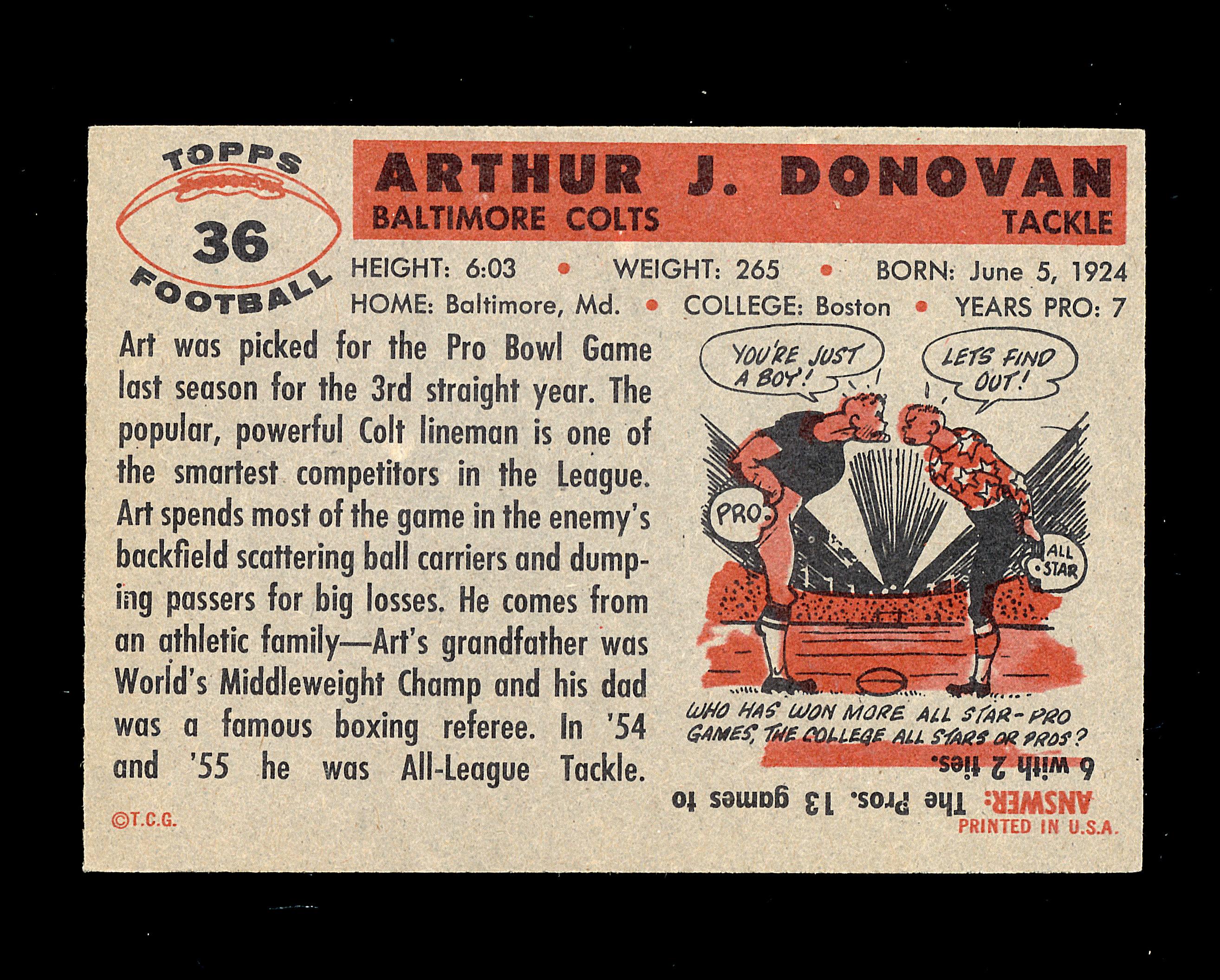 1956 Topps Football Card #36 Hall of Famer Arthur Donovan Baltimore Colts+.