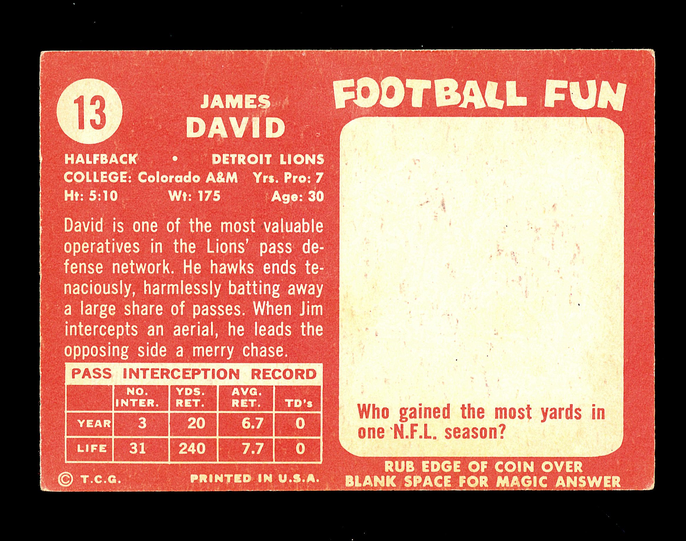 1958 Topps Football Card #13 James David Detroit Lions. EX Condition