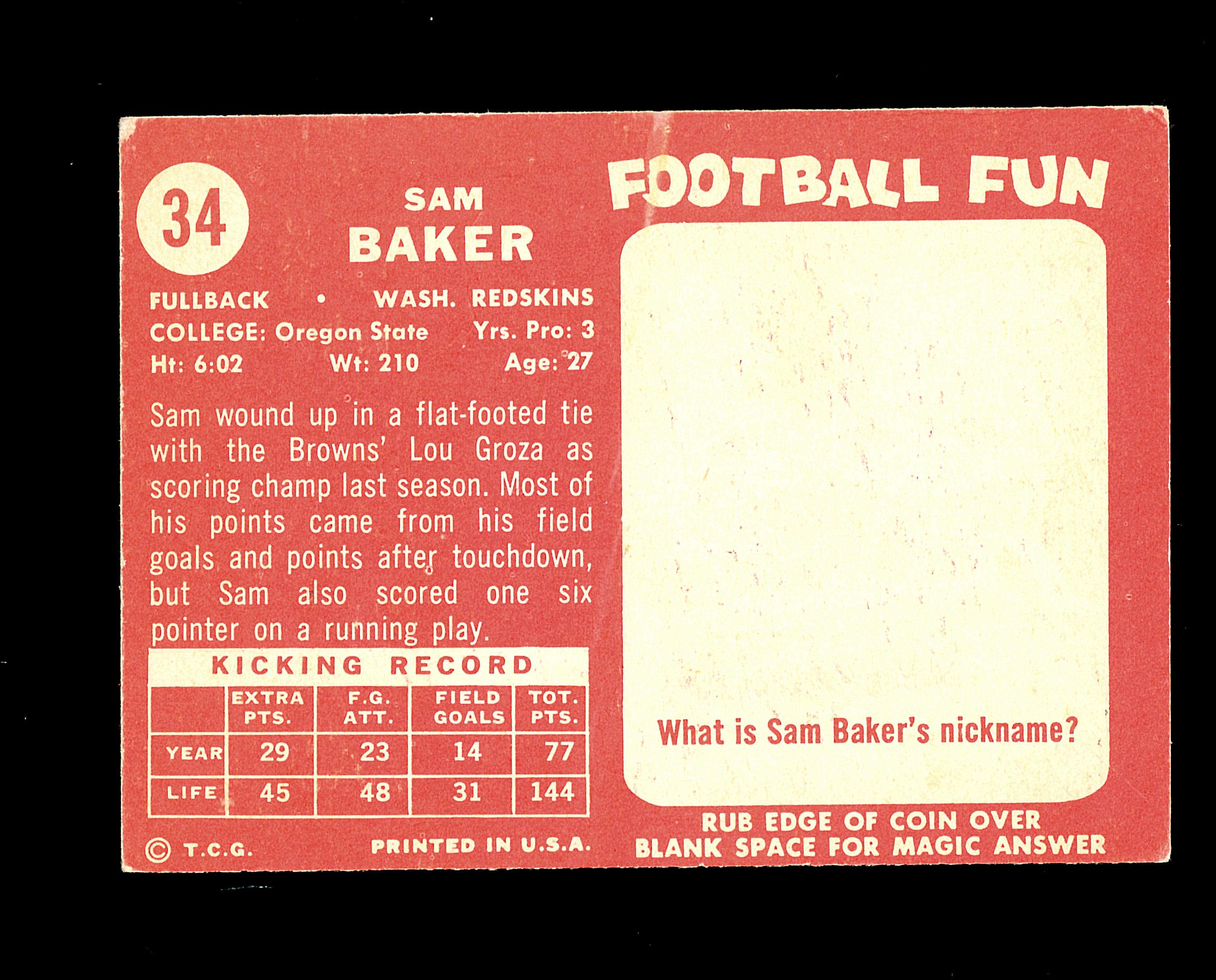 1958 Topps Football Card #34 Sam Baker Washington Redskins. EX Condition