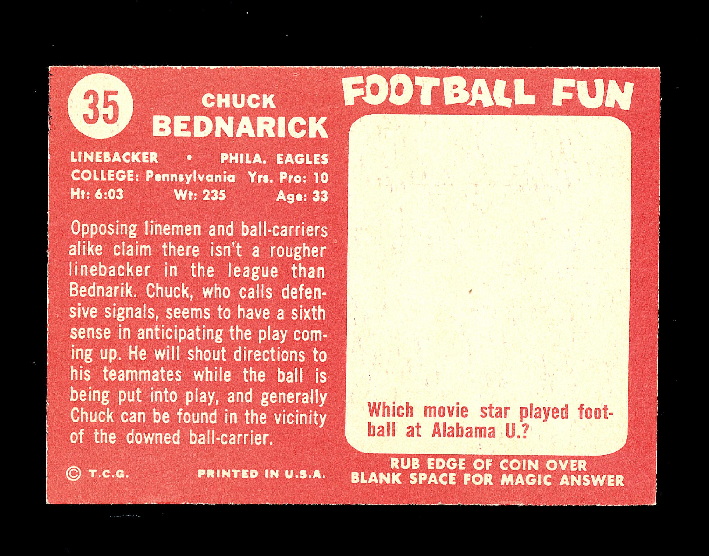 1958 Topps Football Card #35 Hall of Famer Chuck Bednarik Philadelphia Eagl