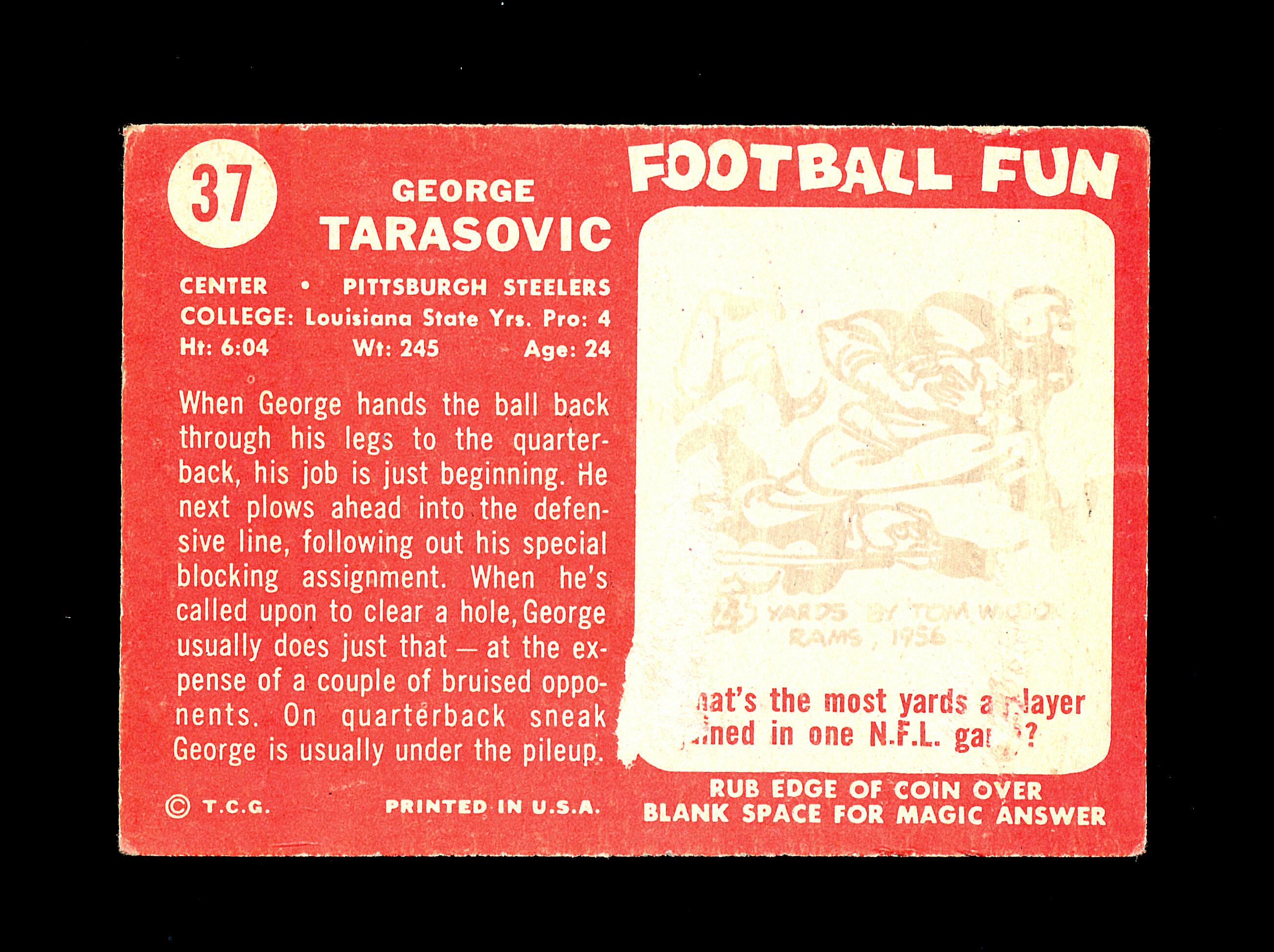 1958 Topps Football Card #37 George Tarasovic Pittsburgh Steelers. EX Condi