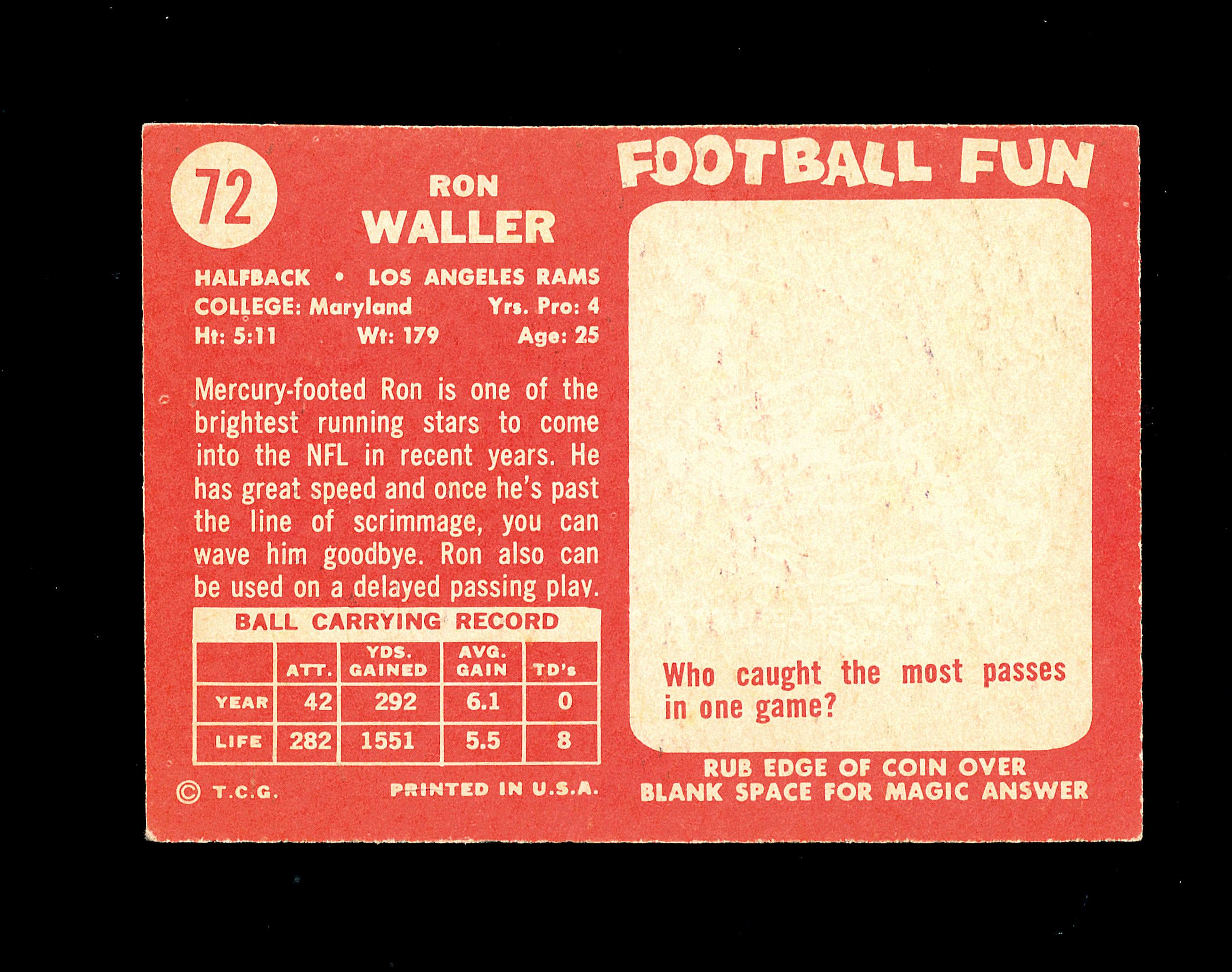 1958 Topps Football Card #72 Ron Waller Los Angeles Rams. EX-MT Condition