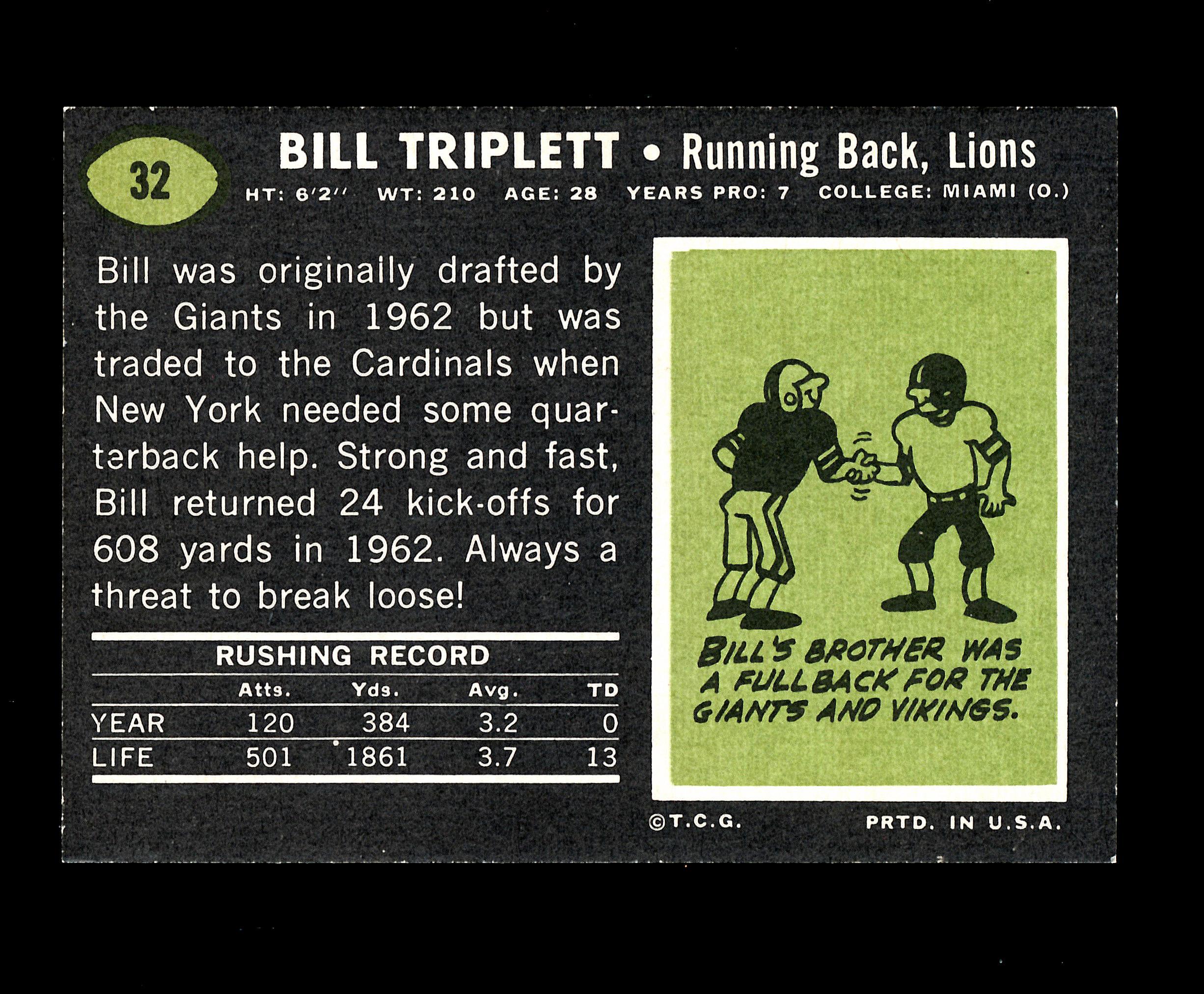 1969 Topps Football Card #32 Bill Triplett Detroit Lions. NM+ Condition.