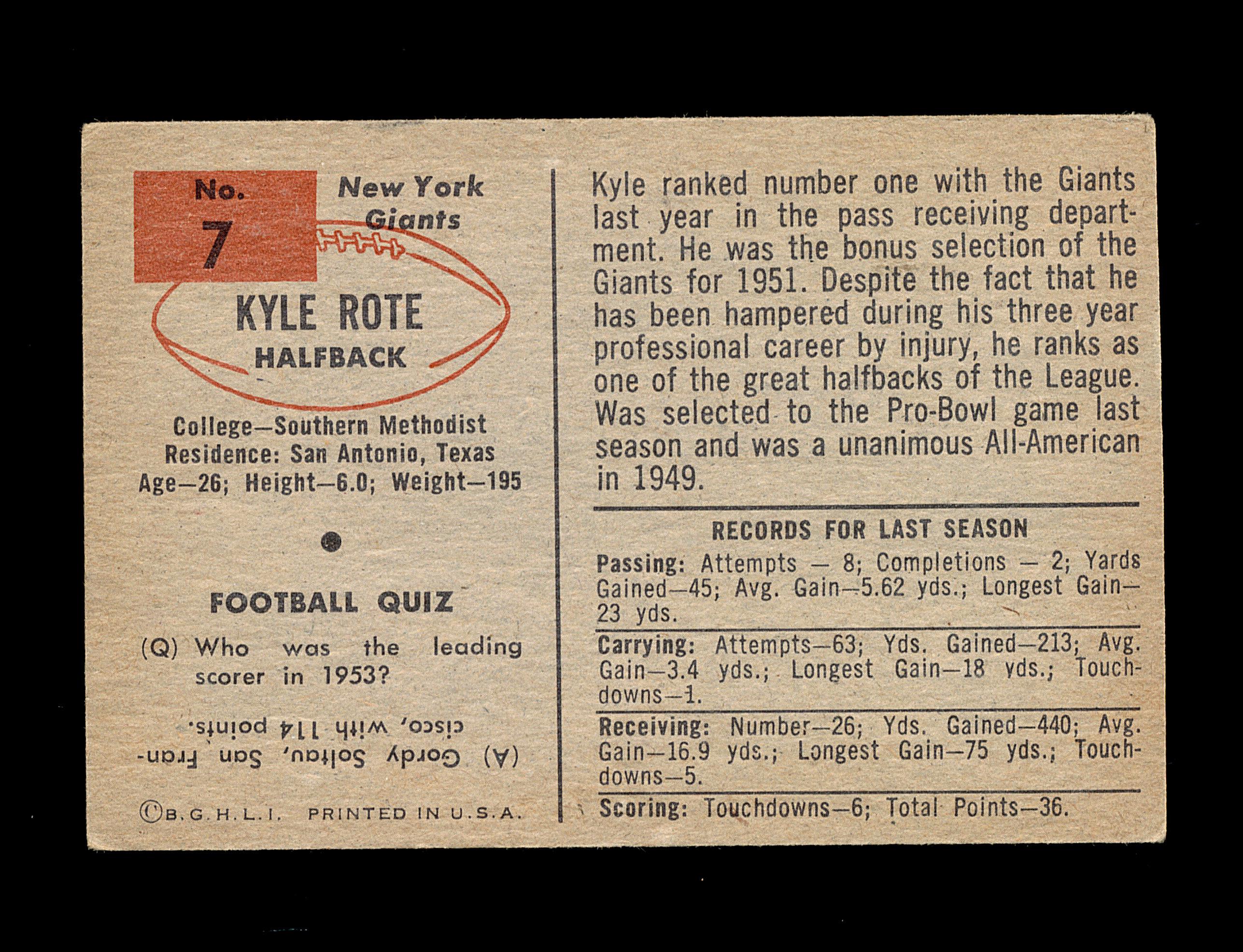 1954 Bowman Football Card #7 Kyle Rote New York Giants.