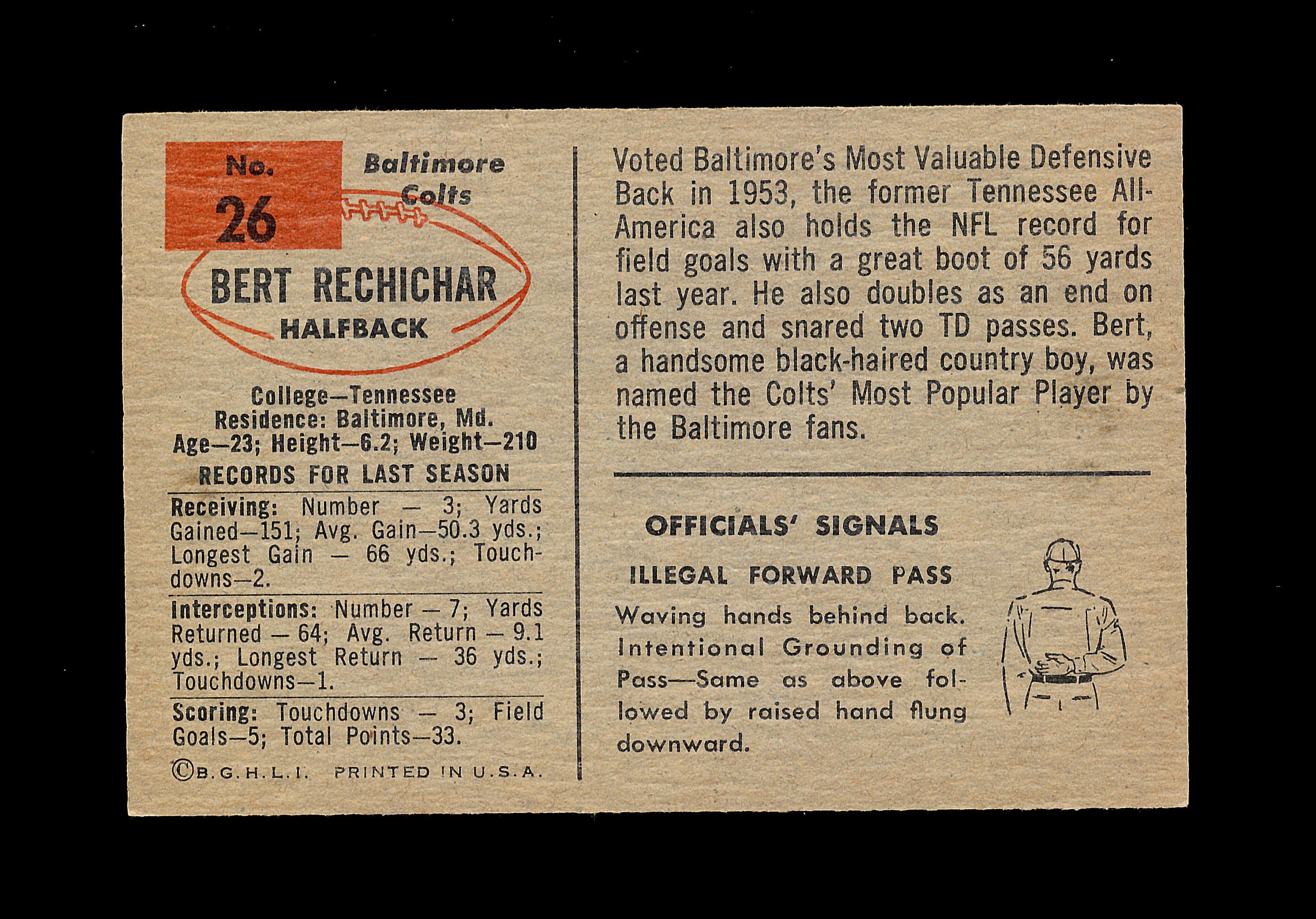 1954 Bowman Football Card #26 Bert Rechichar Baltimore Colts.