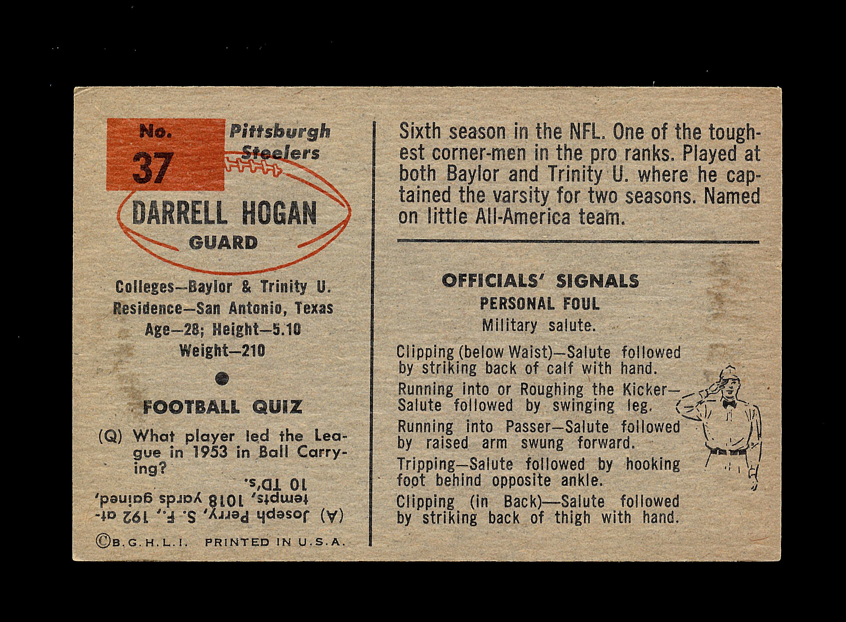 1954 Bowman Football Card #37 Darrell Hogan Pittsburgh Steelers.