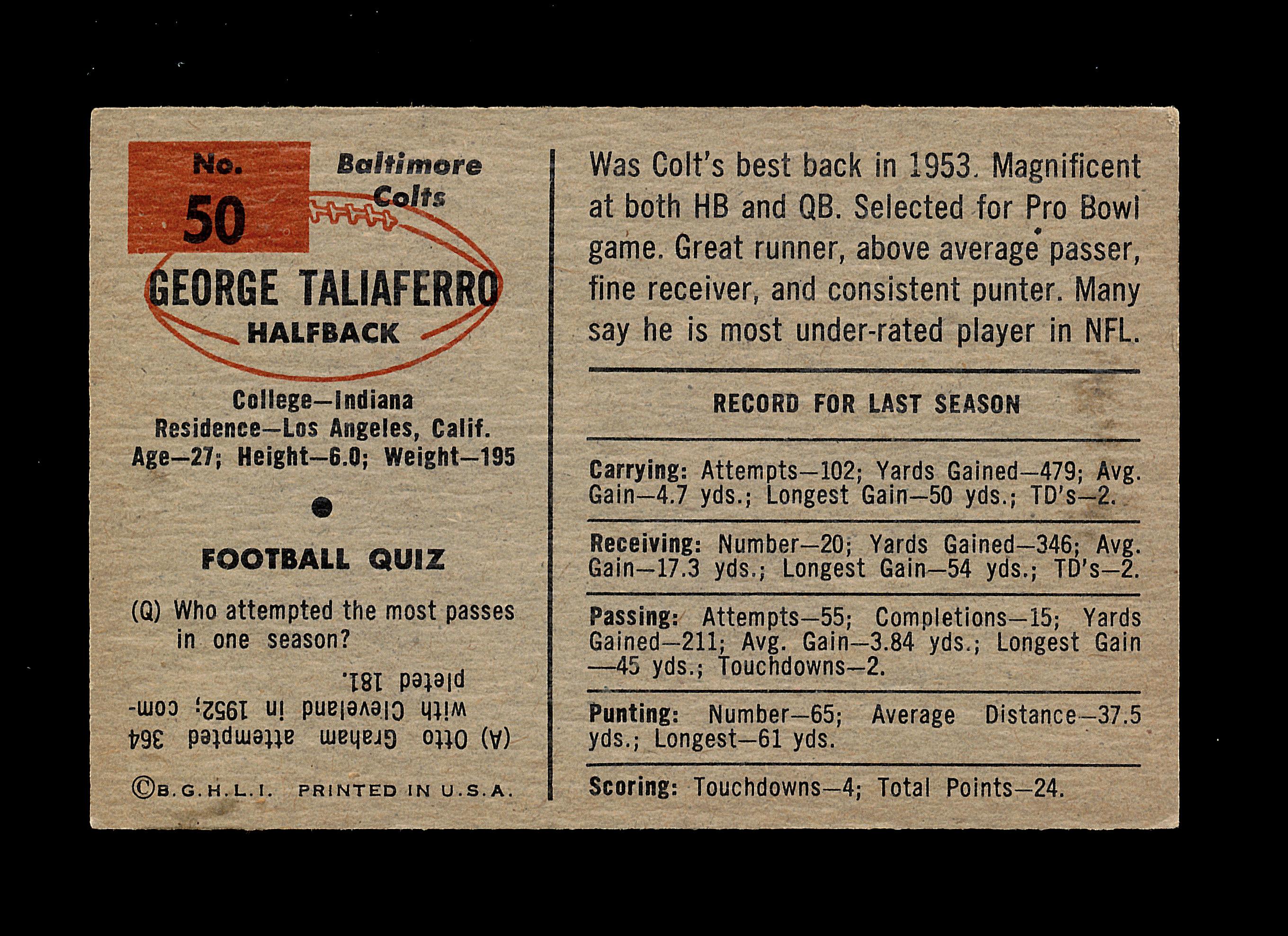 1954 Bowman Football Card #50 George Taliaferro Baltimore Colts.