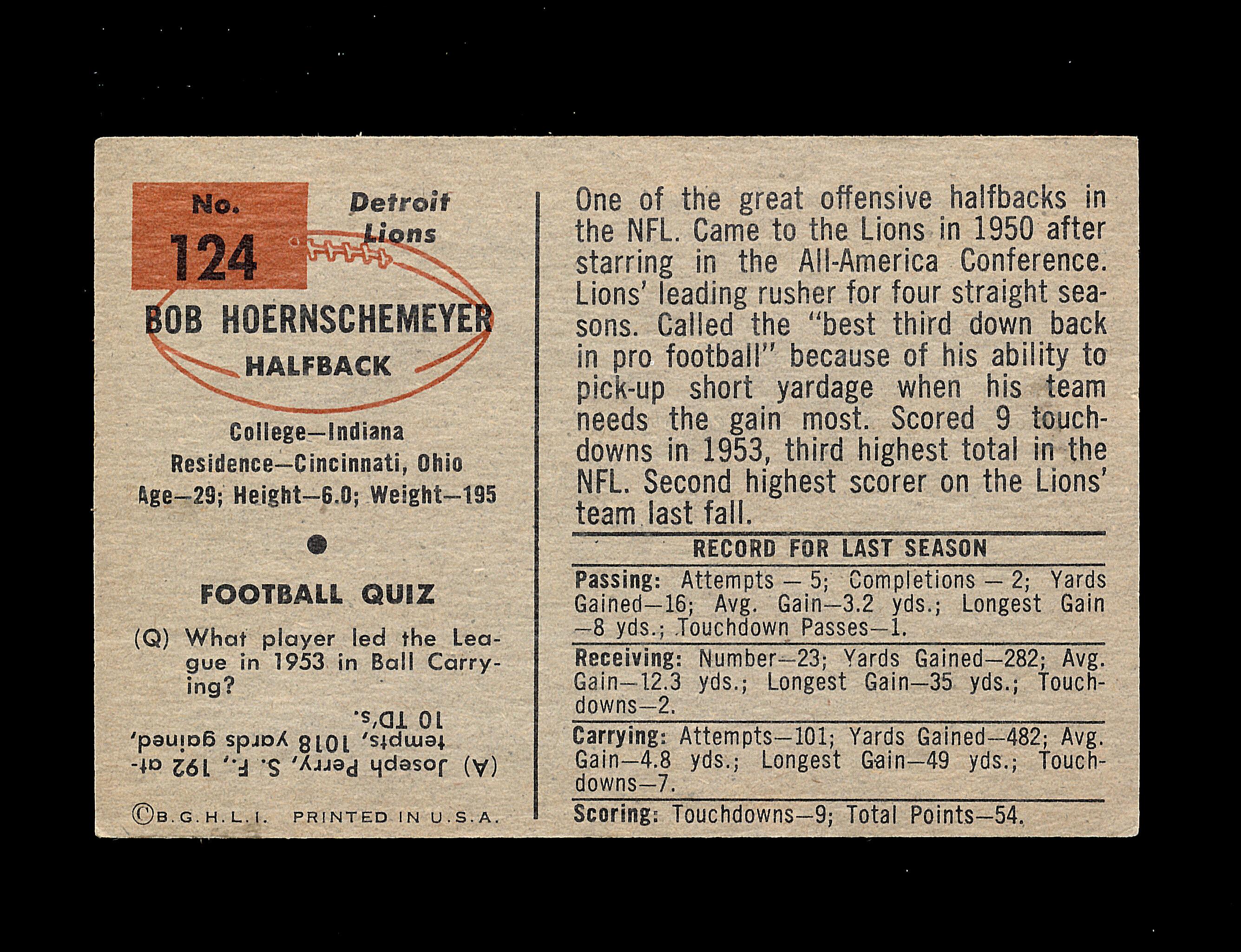 1954 Bowman Football Card #124 Bob Heornschemeyer Detroit Lions.