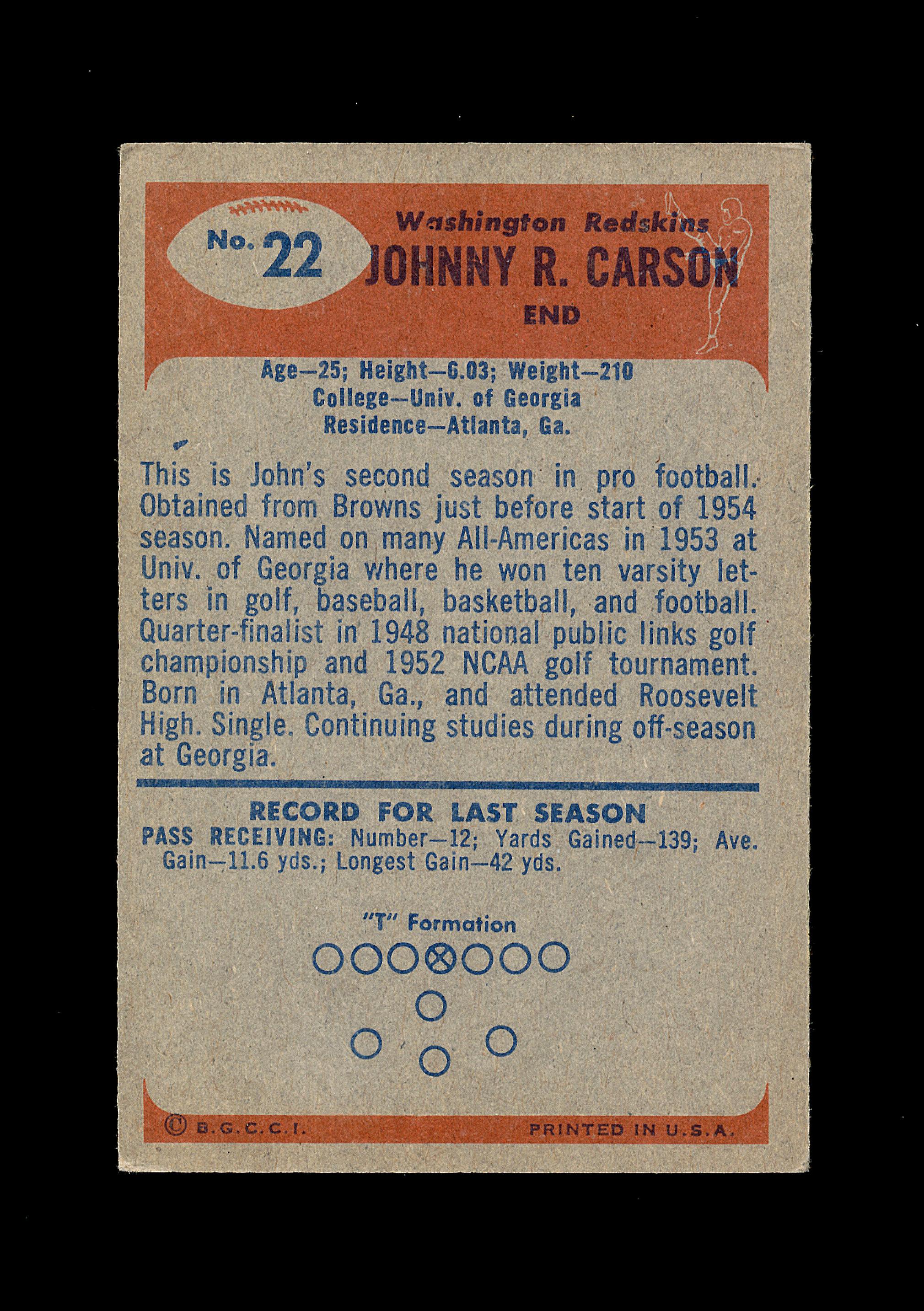 1955 Bowman Football Card #22 Johnny Carson Washington Redskins.