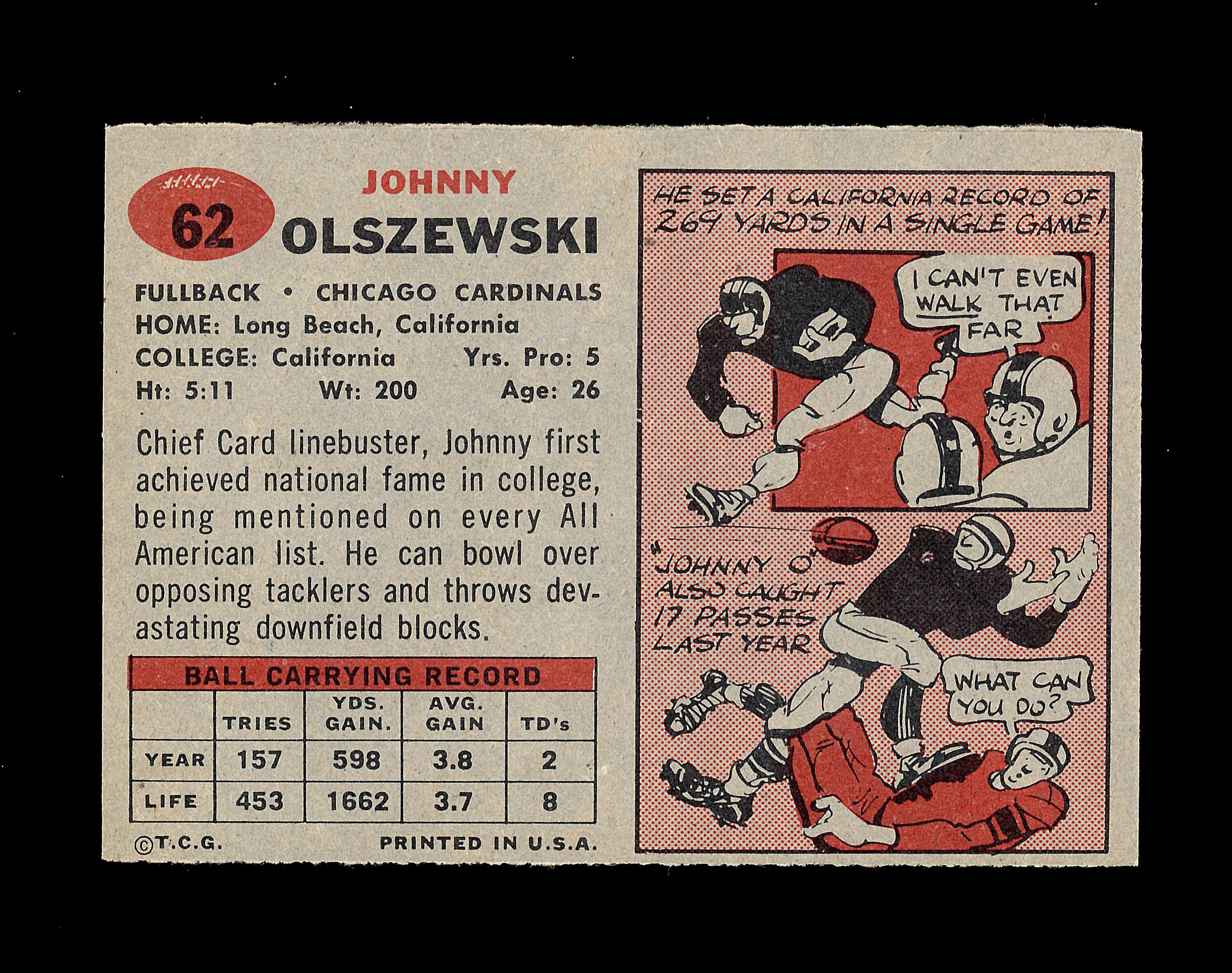 1957 Topps Football Card #62 Johnny Olszewski Chicago Cardinals.