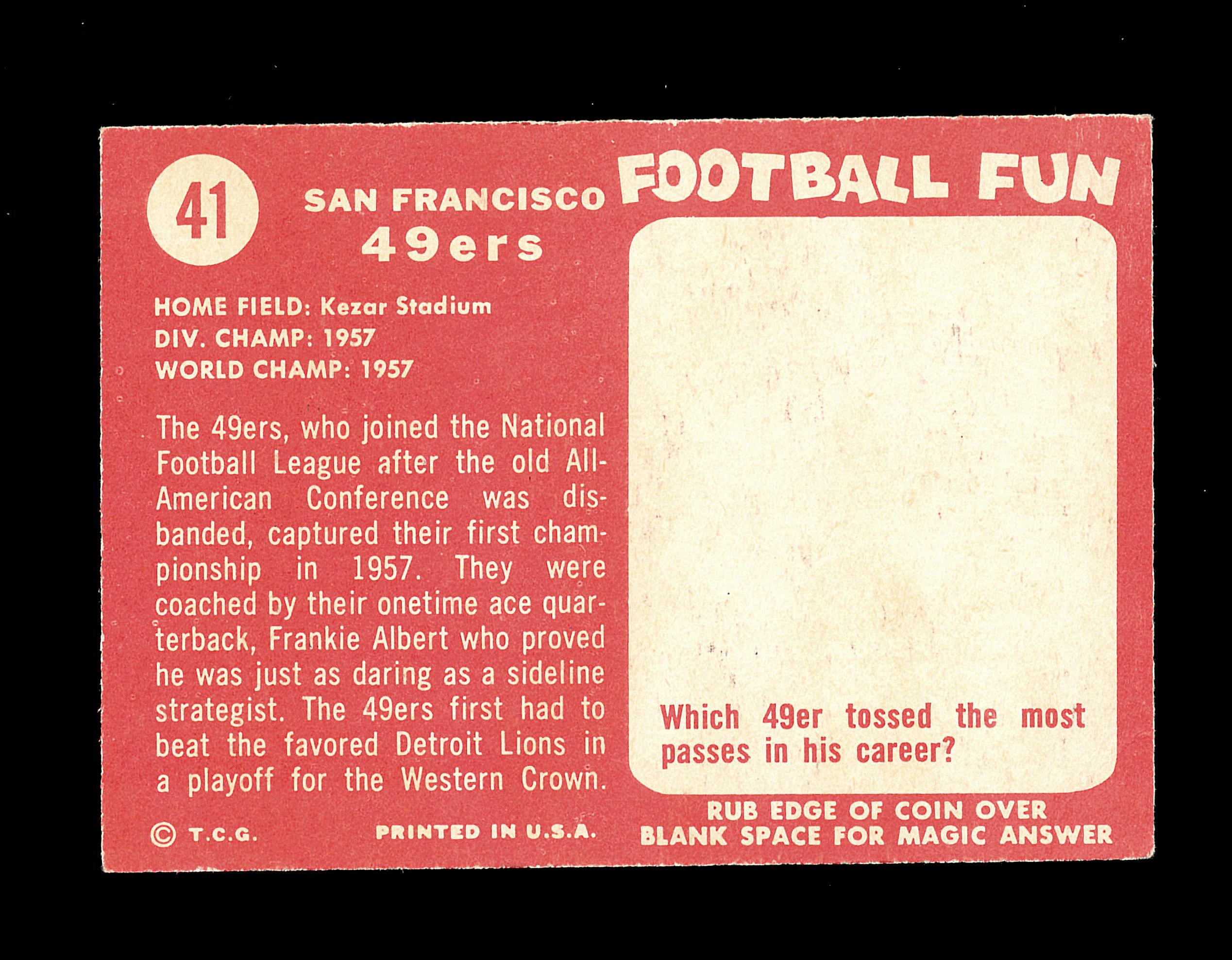 1958 Topps Football Cards #41 San Francisco 49ers Team Card