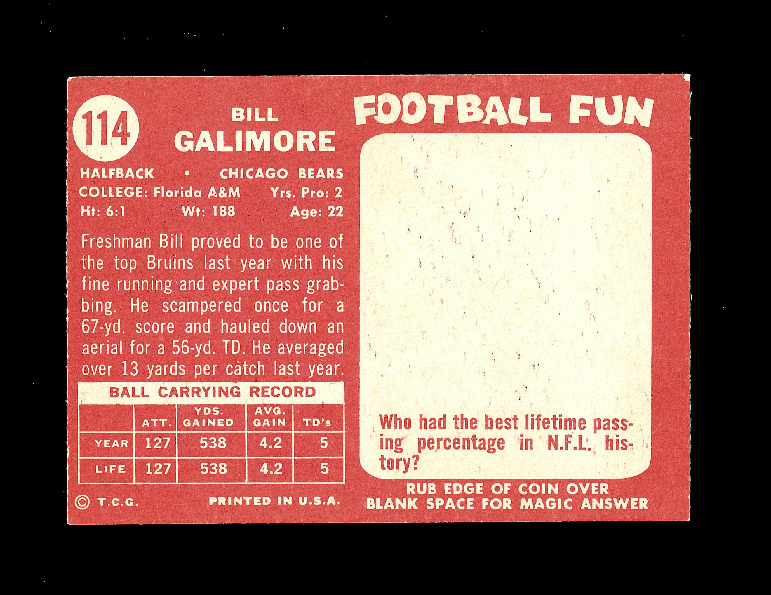 1958 Topps ROOKIE Football Cards #114 Rookie Bill Galmore Chicago Bears.