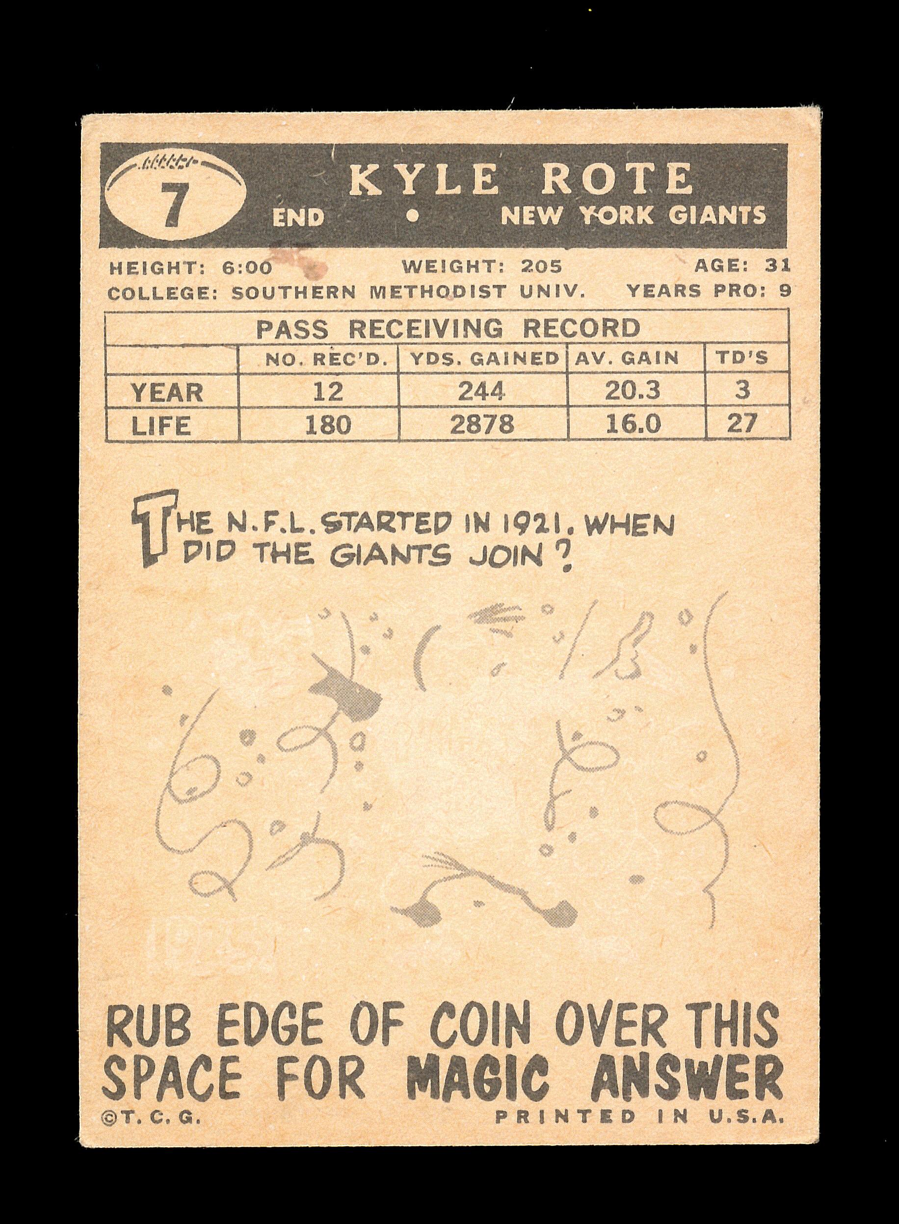 1959 Topps Football Card #7 Kyle Rote New York Giants.