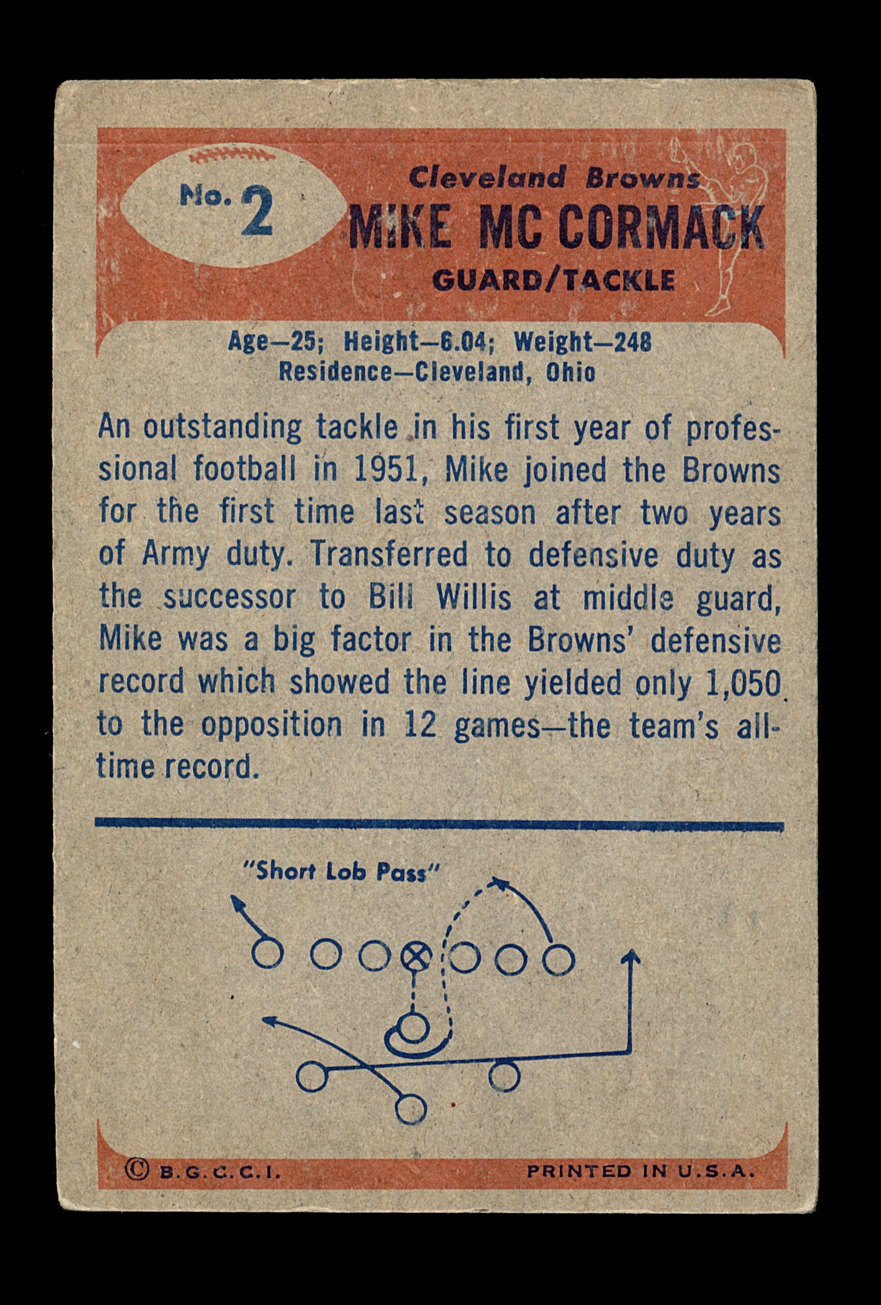 1955 Bowman ROOKIE Football Card #2 Rookie Hall of Famer Mike McCormack Cle
