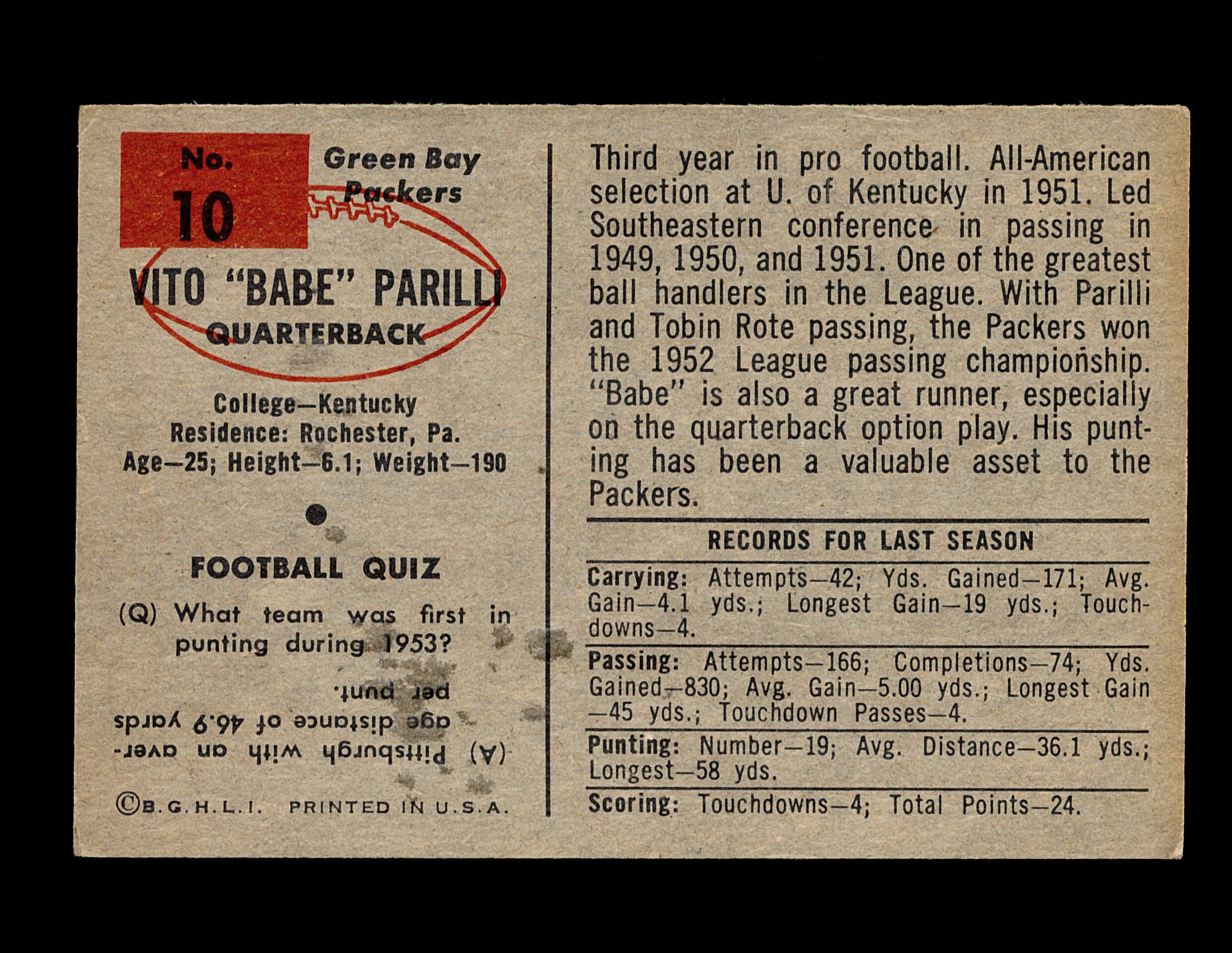 1954 Bowman Football Card Vito"Babe" Parilli Green Bay Packers