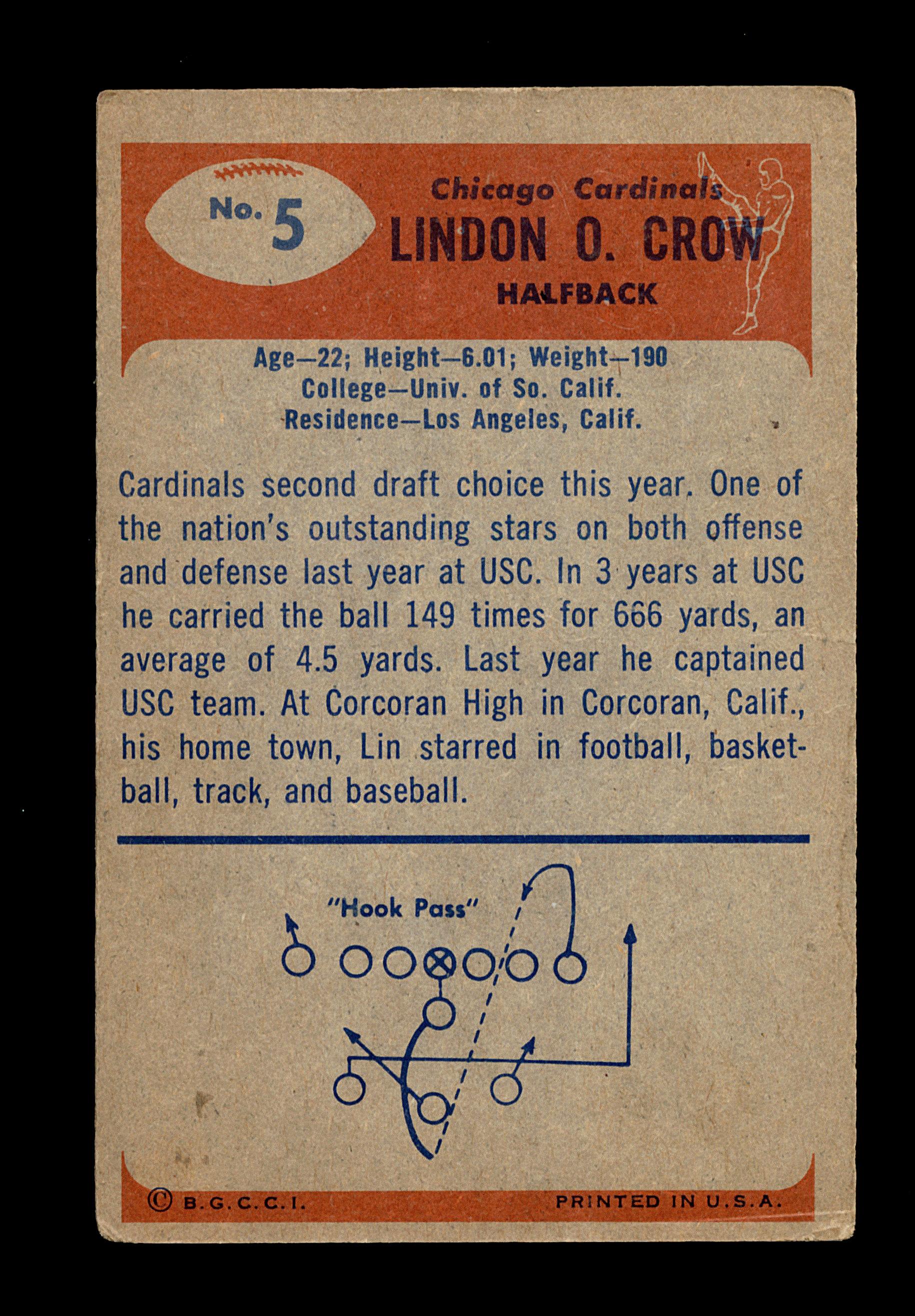 1955 Bowman Football Card #5 London Crow Chicago Cardinals.