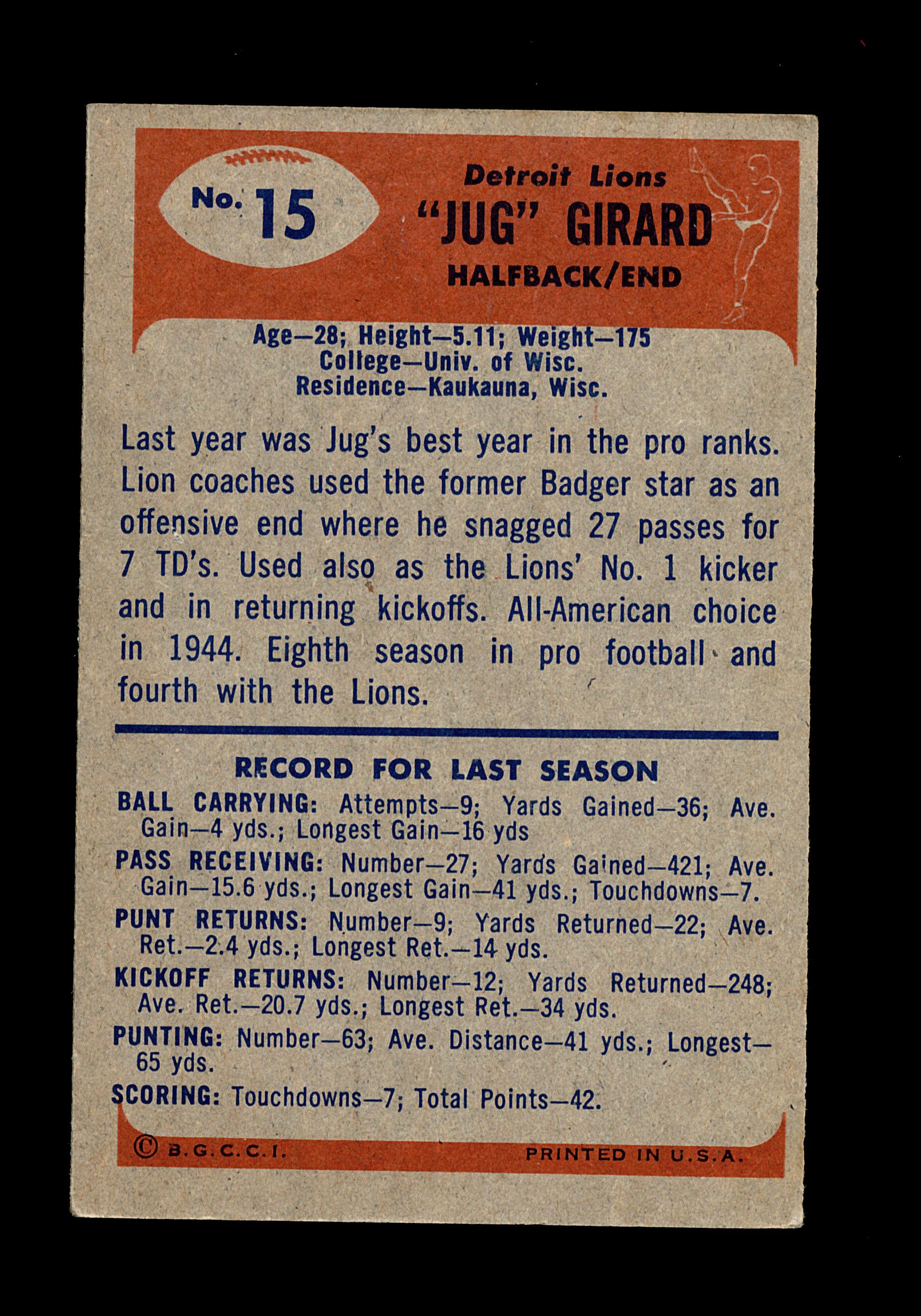 1955 Bowman Football Card #15 Earl "Jug" Girard Detroit Lions