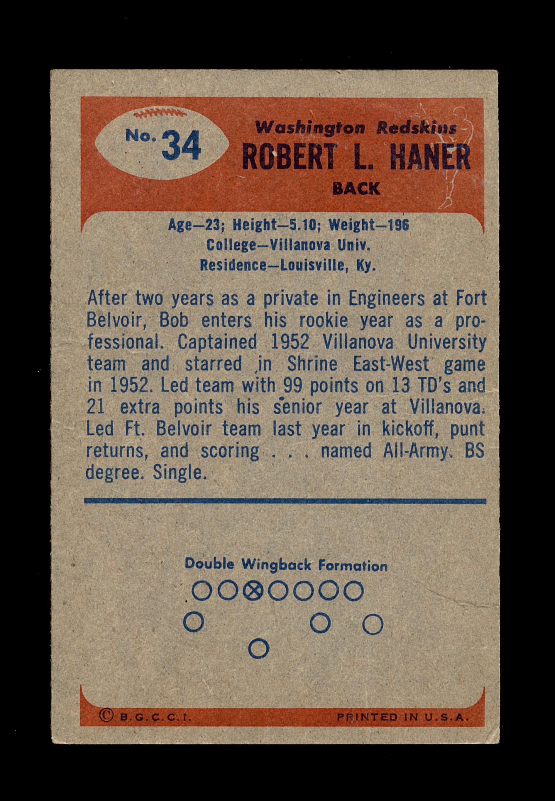 1955 Bowman Football Card #34 Robert Haner Washington Redskins