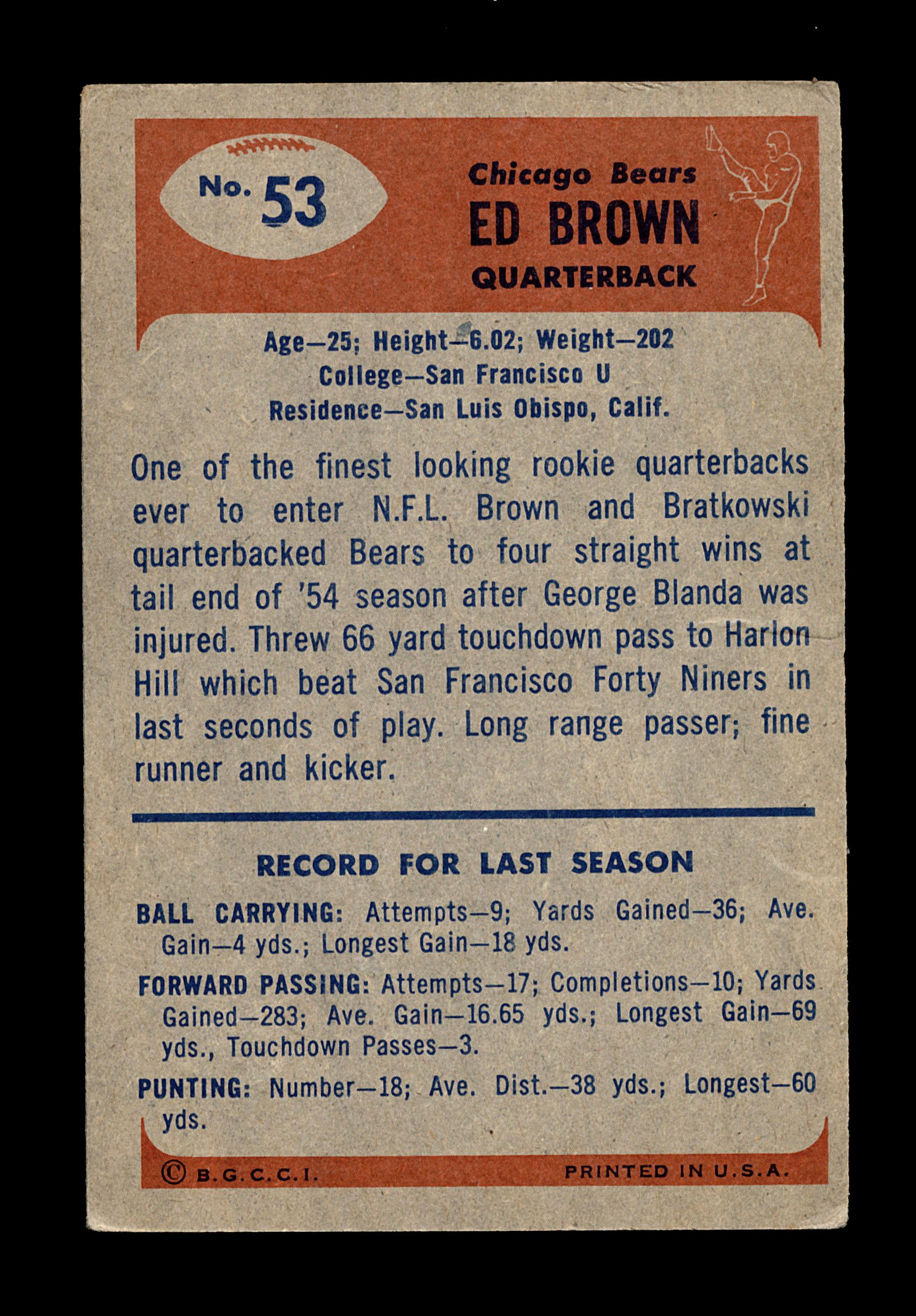 1955 Bowman ROOKIE Football Card #53 Rookie Ed Brown Chicago Bears. Has Cre
