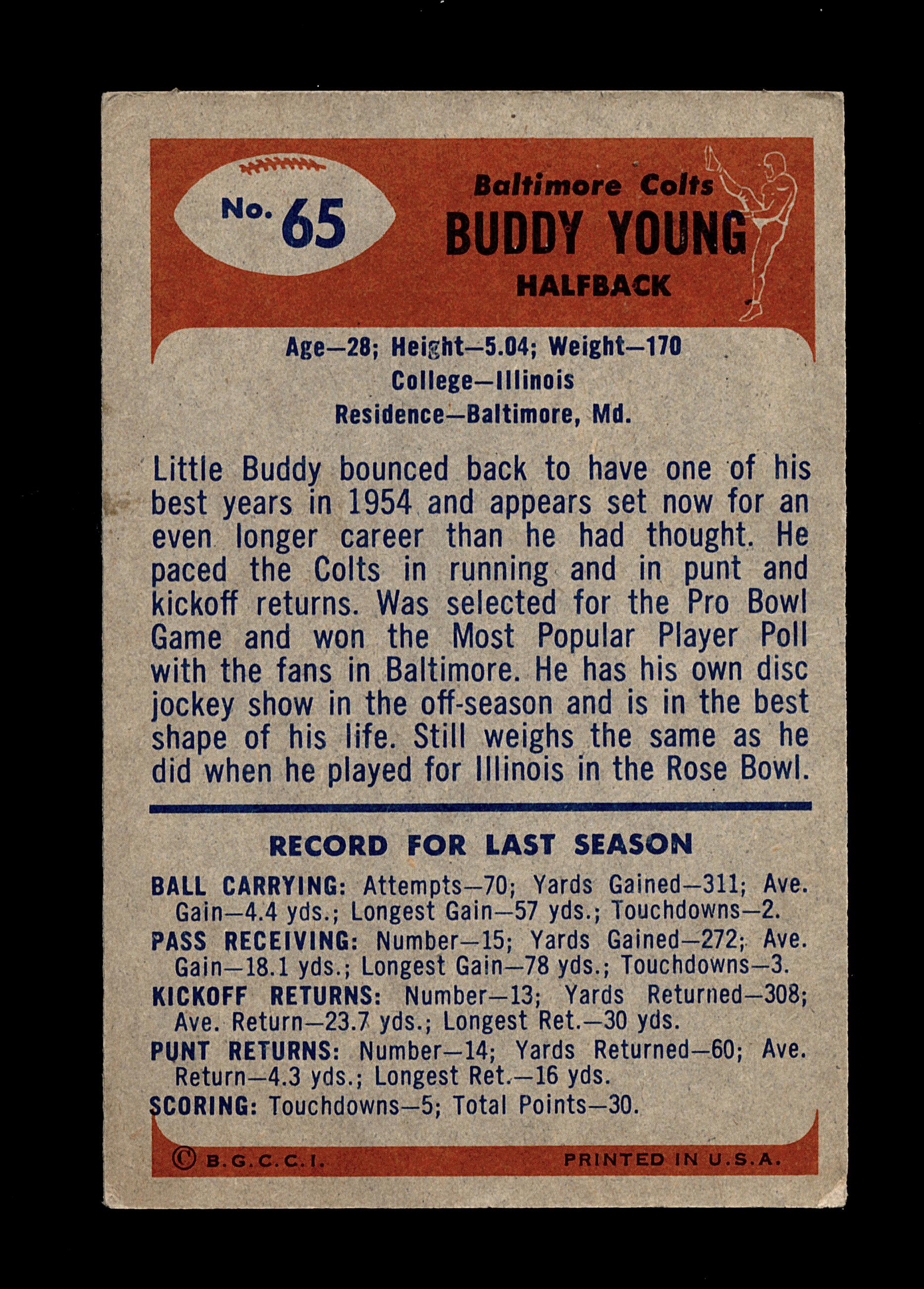 1955 Bowman Football Card #65 Buddy Young Baltimore Colts