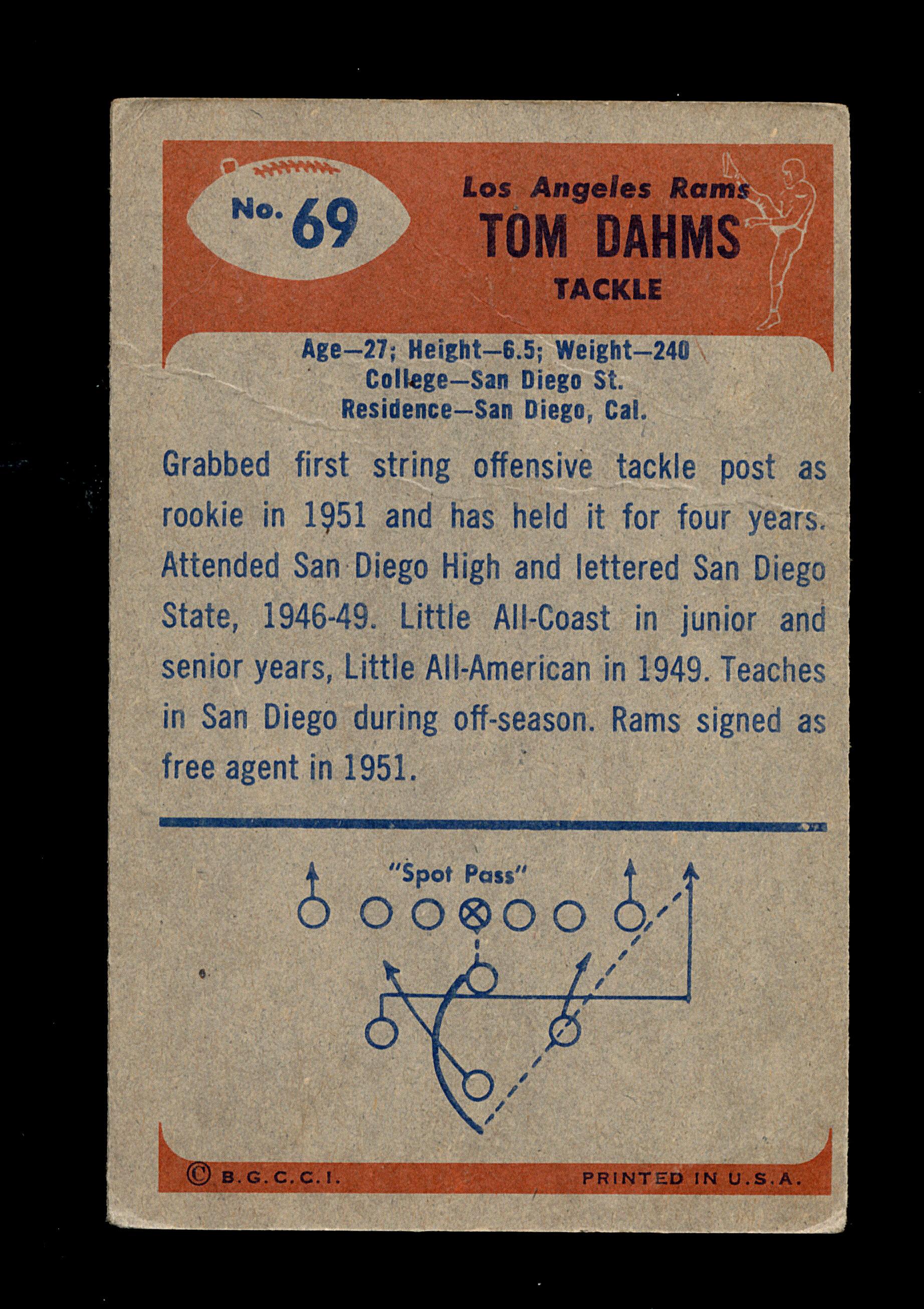 1955 Bowman Football Card #69 Tom Dahms Los Angeles Rams