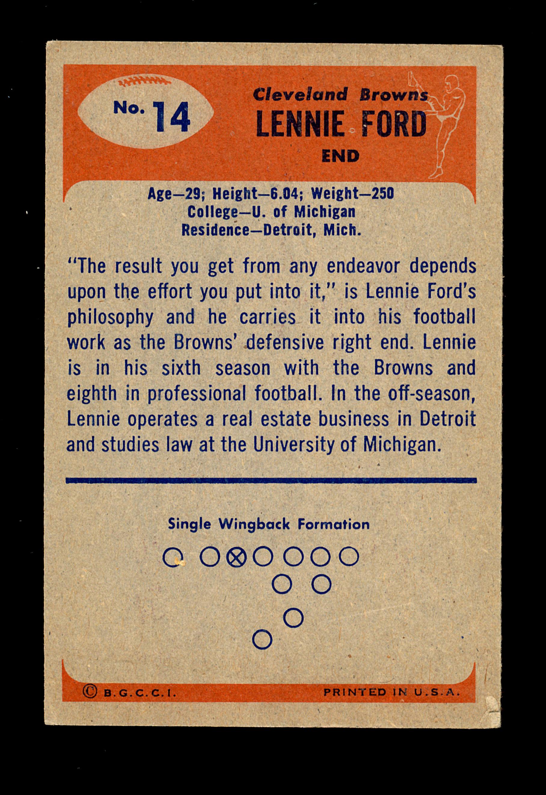 1955 Bowman ROOKIE Football Card #14 Rookie Hall of Famer Lennie Ford Cleve