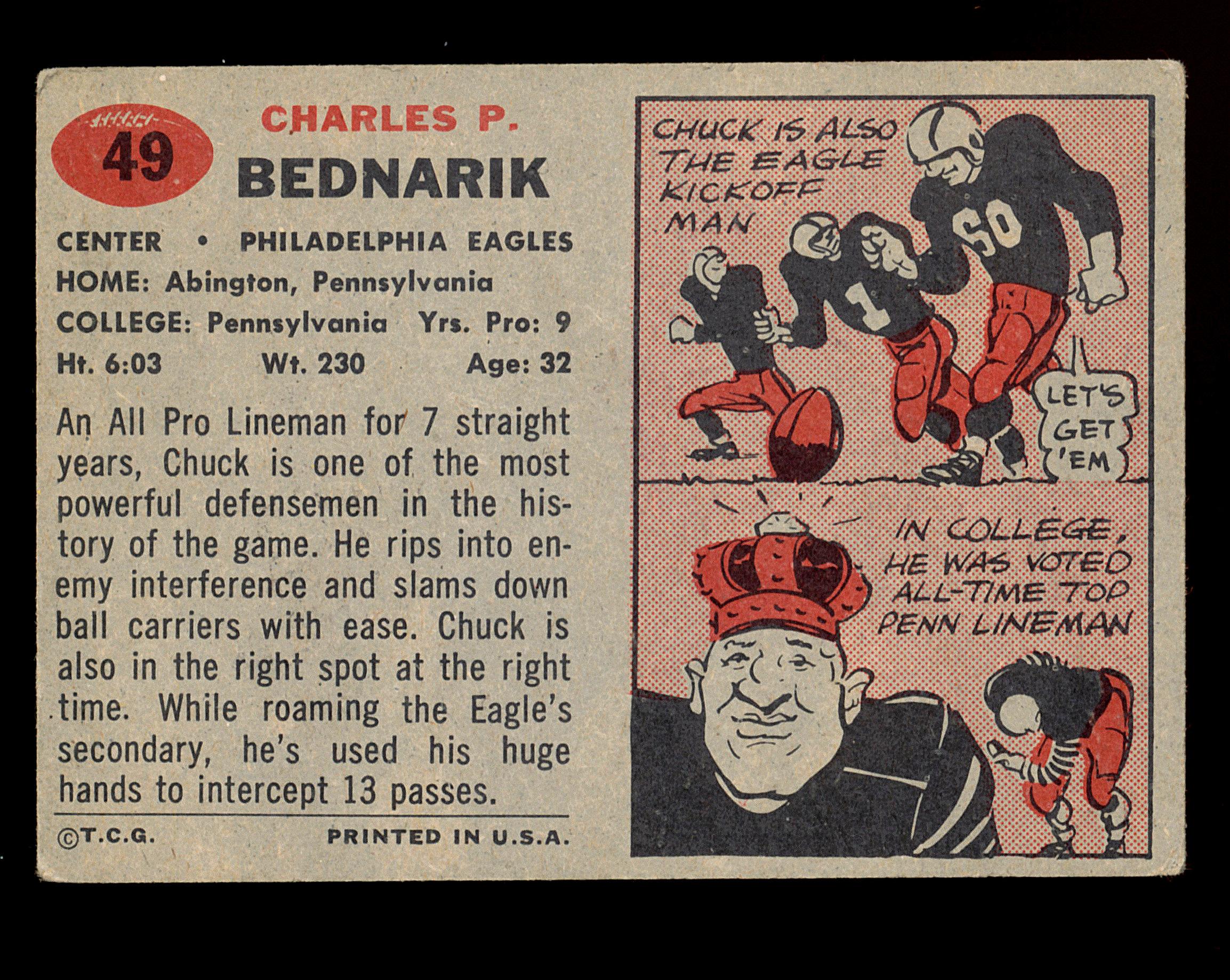 1957 Topps Football Card #49 Hall of Famer Chuck Bednarik Philadelphia Eagl