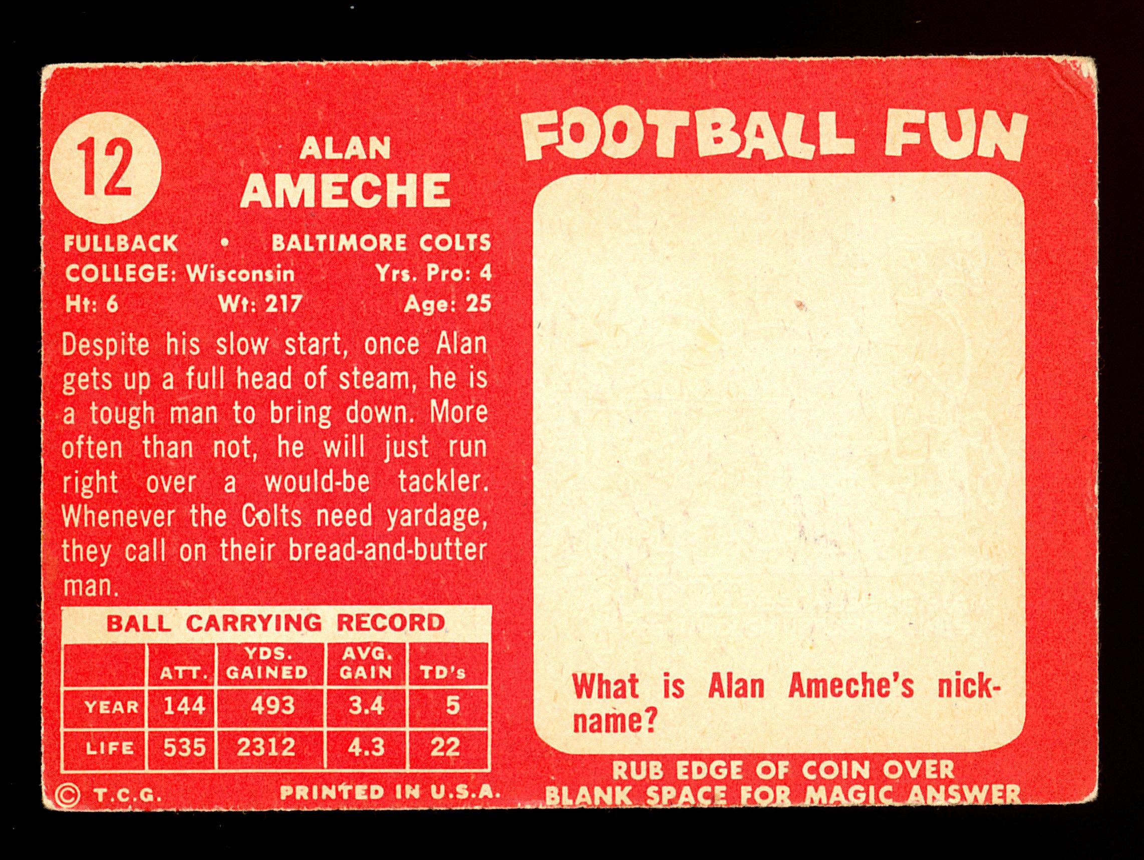 1958 Topps Football Card #12 Alan Ameche Baltimore Colts