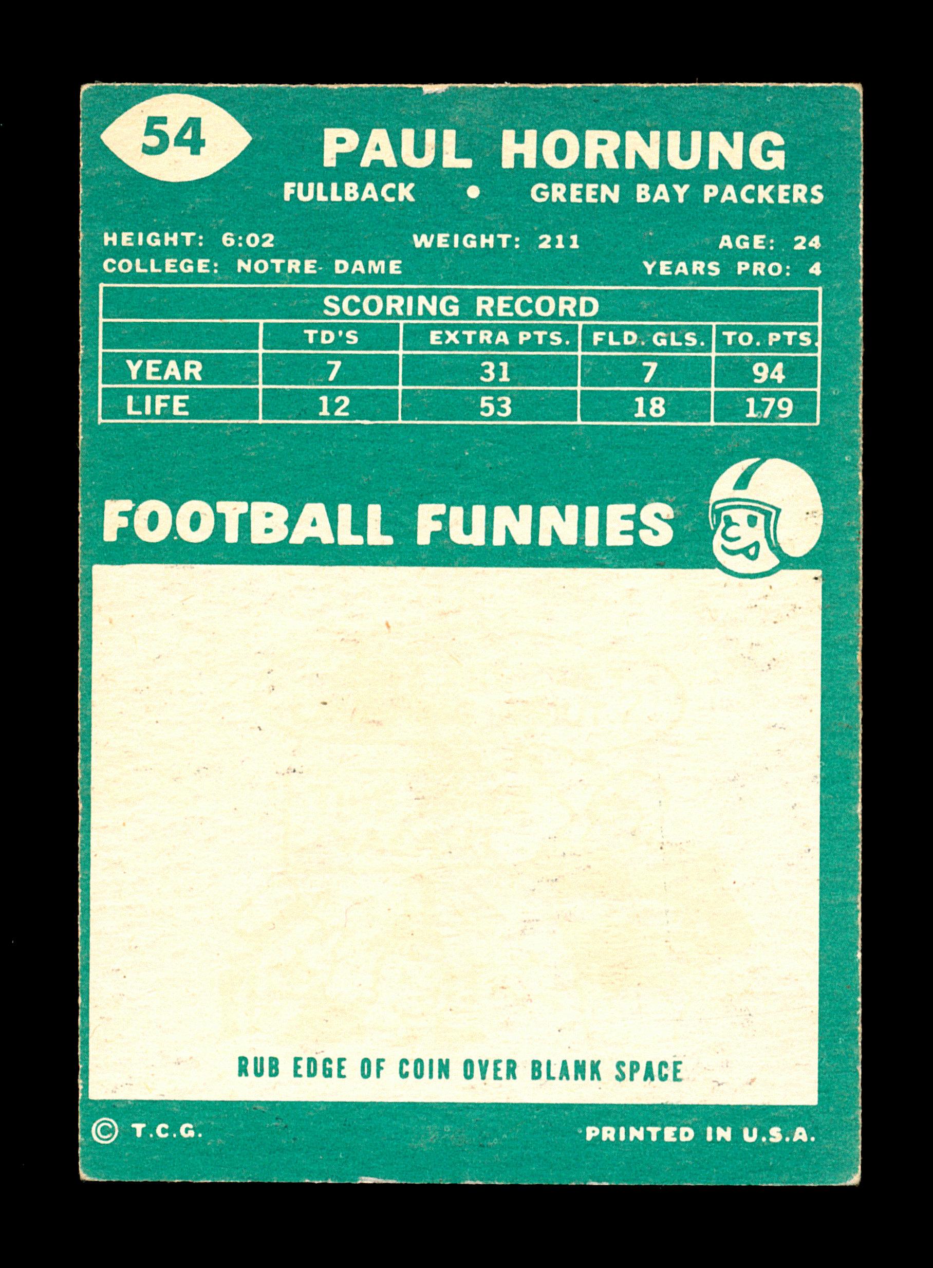 1960 Topps Football Card #54 Hall of Famer Paul Hornung Green Bay Packers