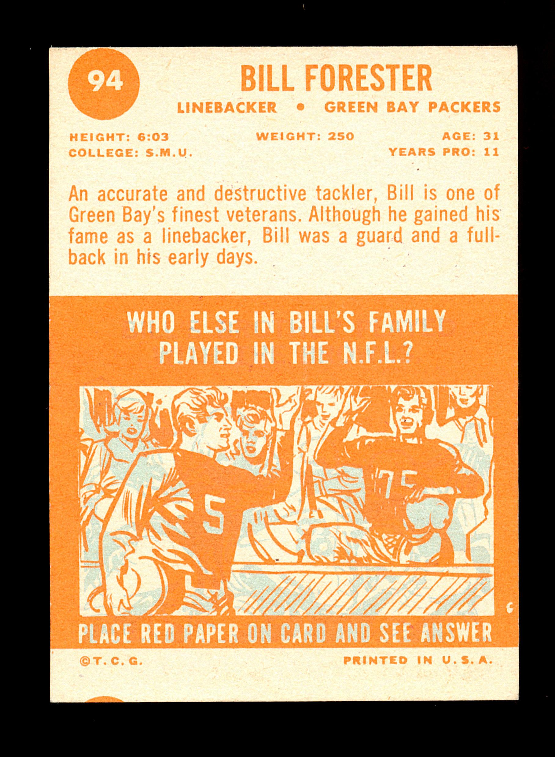 1963 Topps Football Card #94 Bill Forester Green Bay Packers