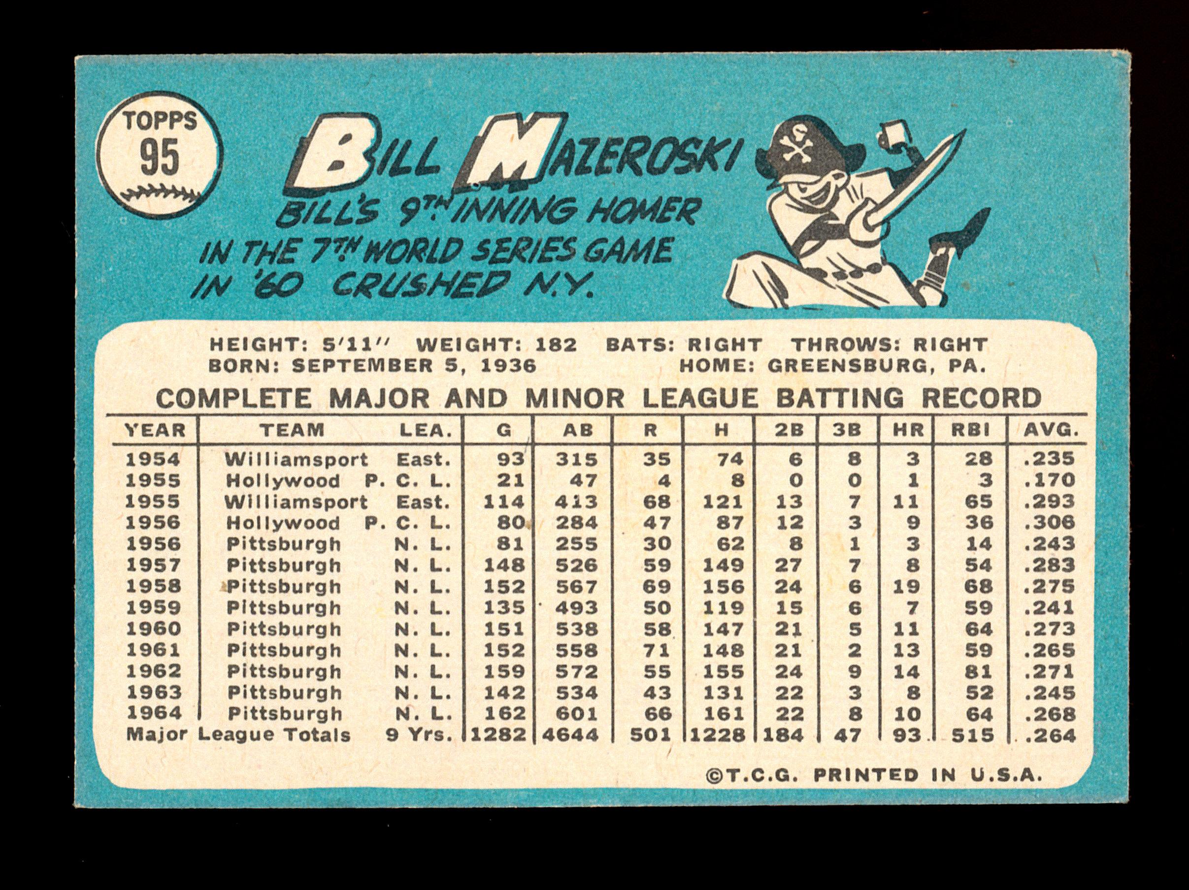 1965 Topps Baseball Card #95 Hall of Famer Bill Mazeroski Pittsburgh Pirate