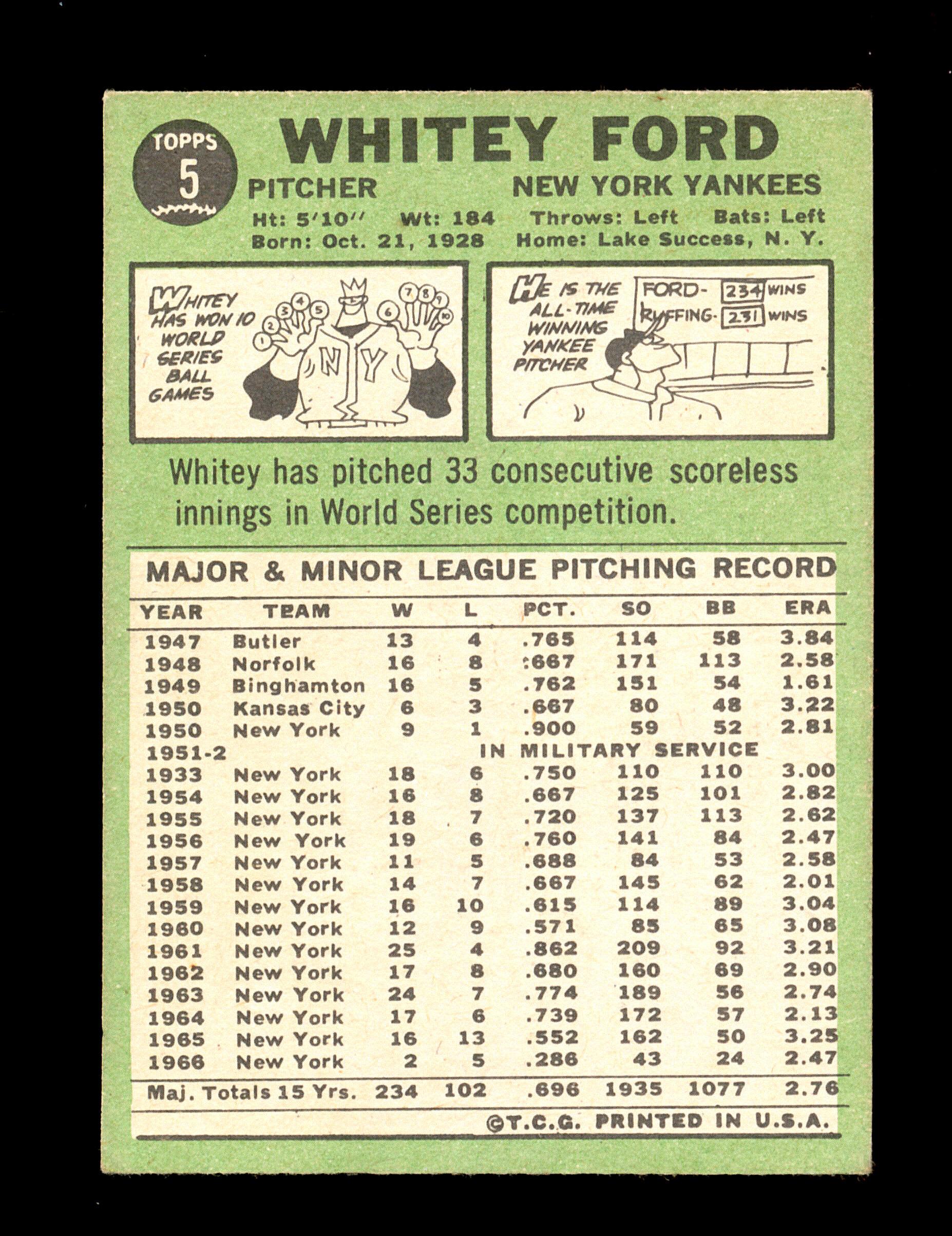 1967 Topps Baseball Card #5 Hall of Famer Whitey Ford New York Yankees