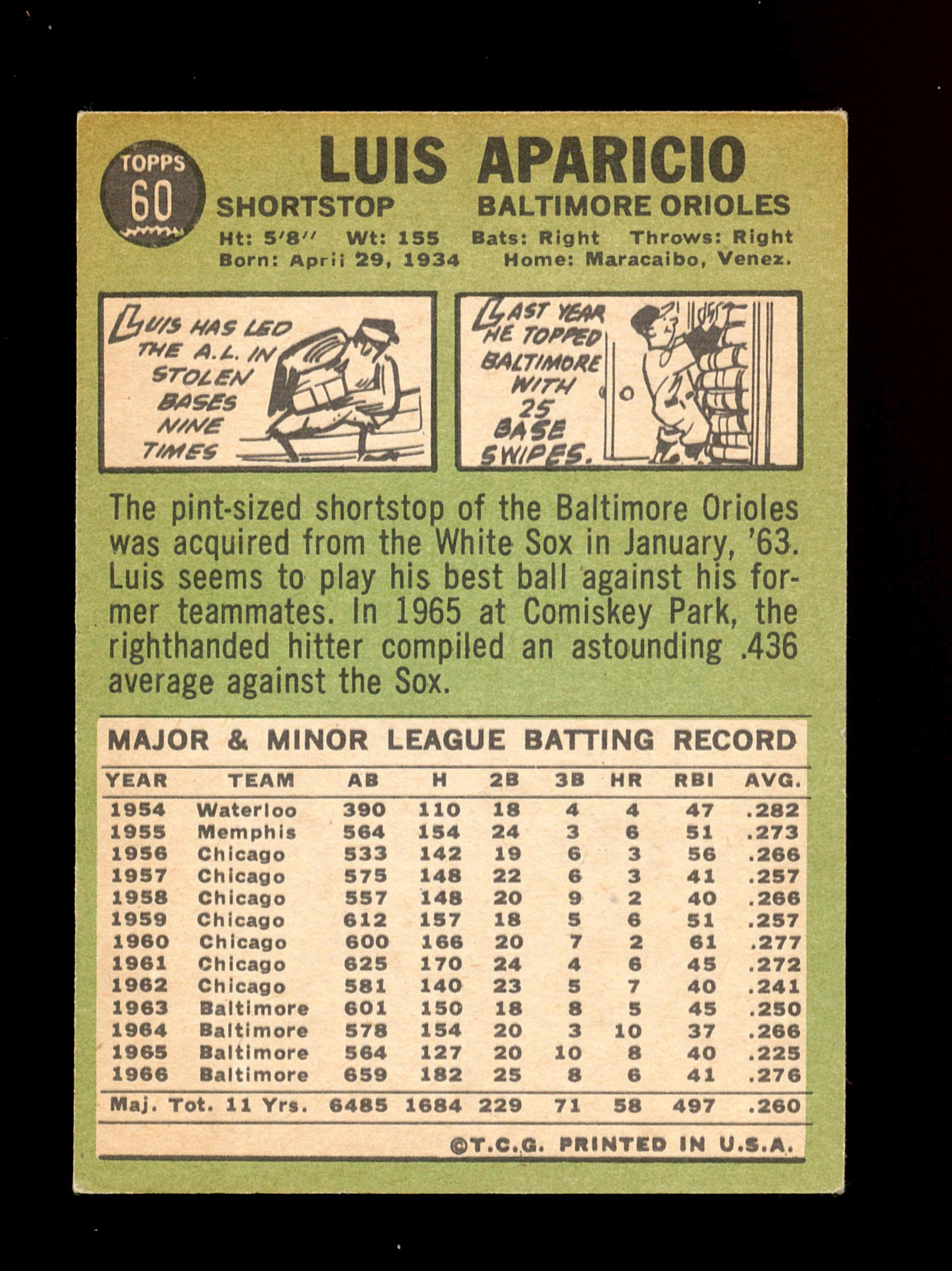 1967 Topps Baseball Card #60 Hall of Famer Louis Aparicio Baltimore Orioles