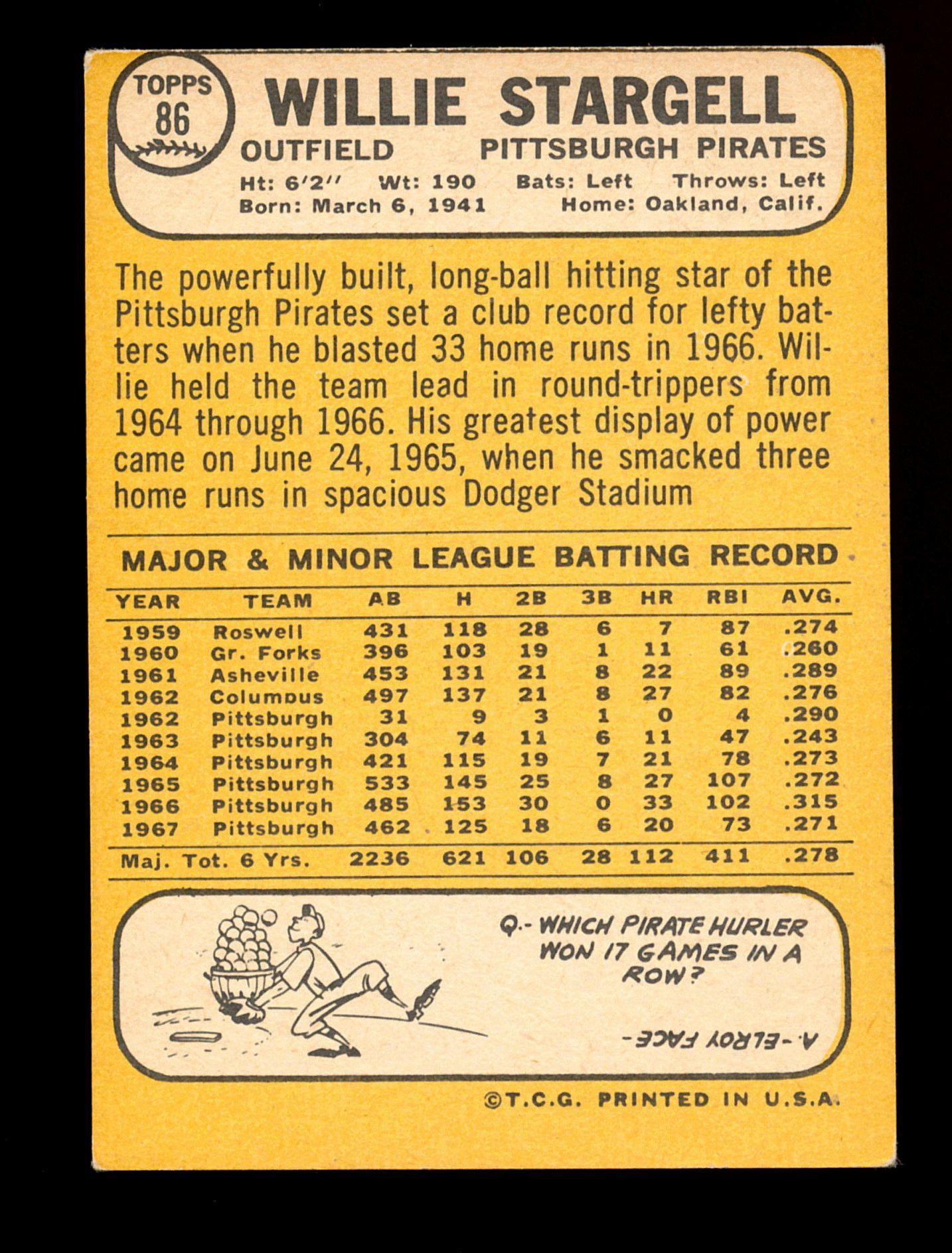 1968 Topps Baseball Card #86 Hall of Famer Willie Stargell Pittsburgh Pirat