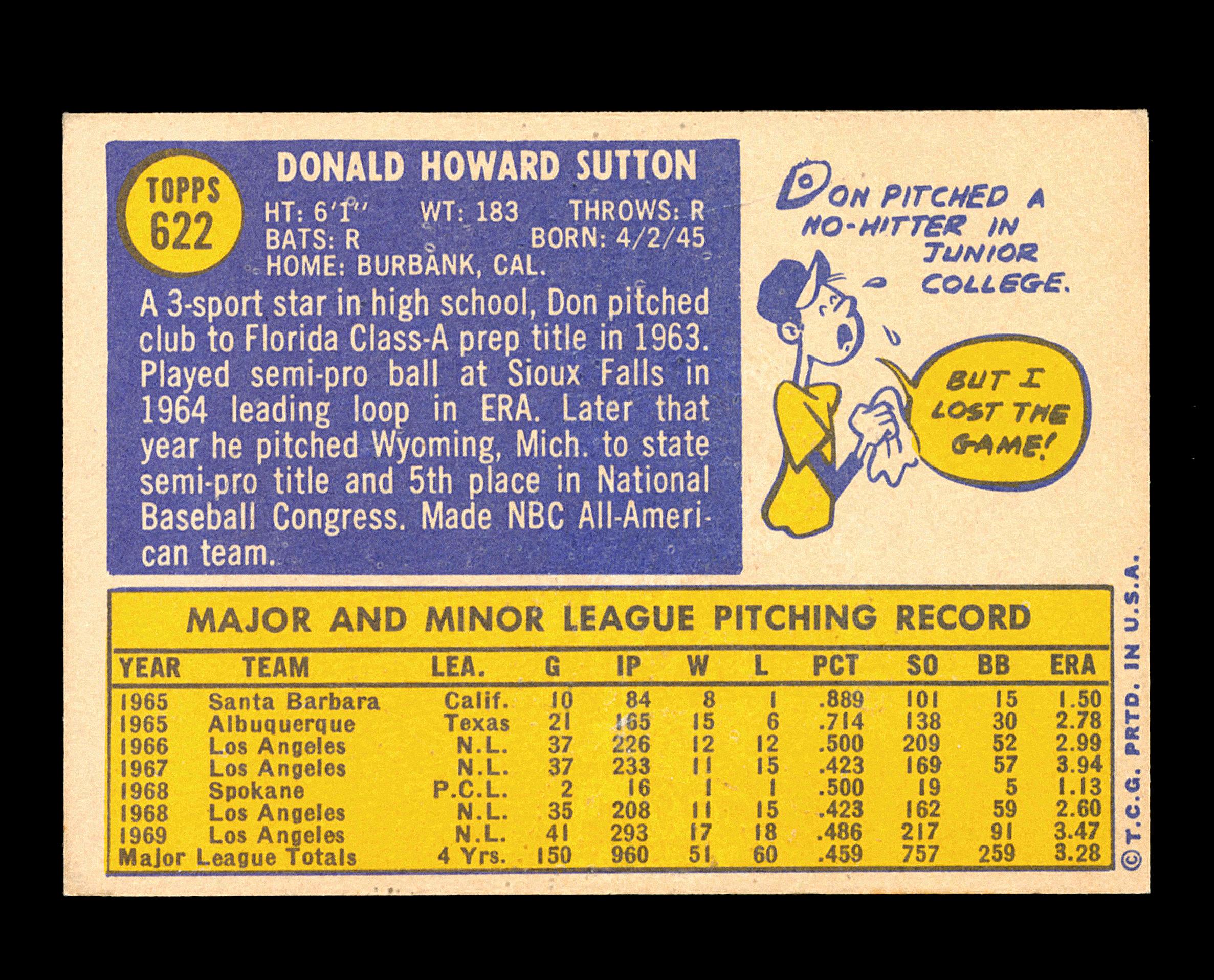 1970 Topps Baseball Card #622 Hall of Famer Don Sutton Los Angeles Dodgers